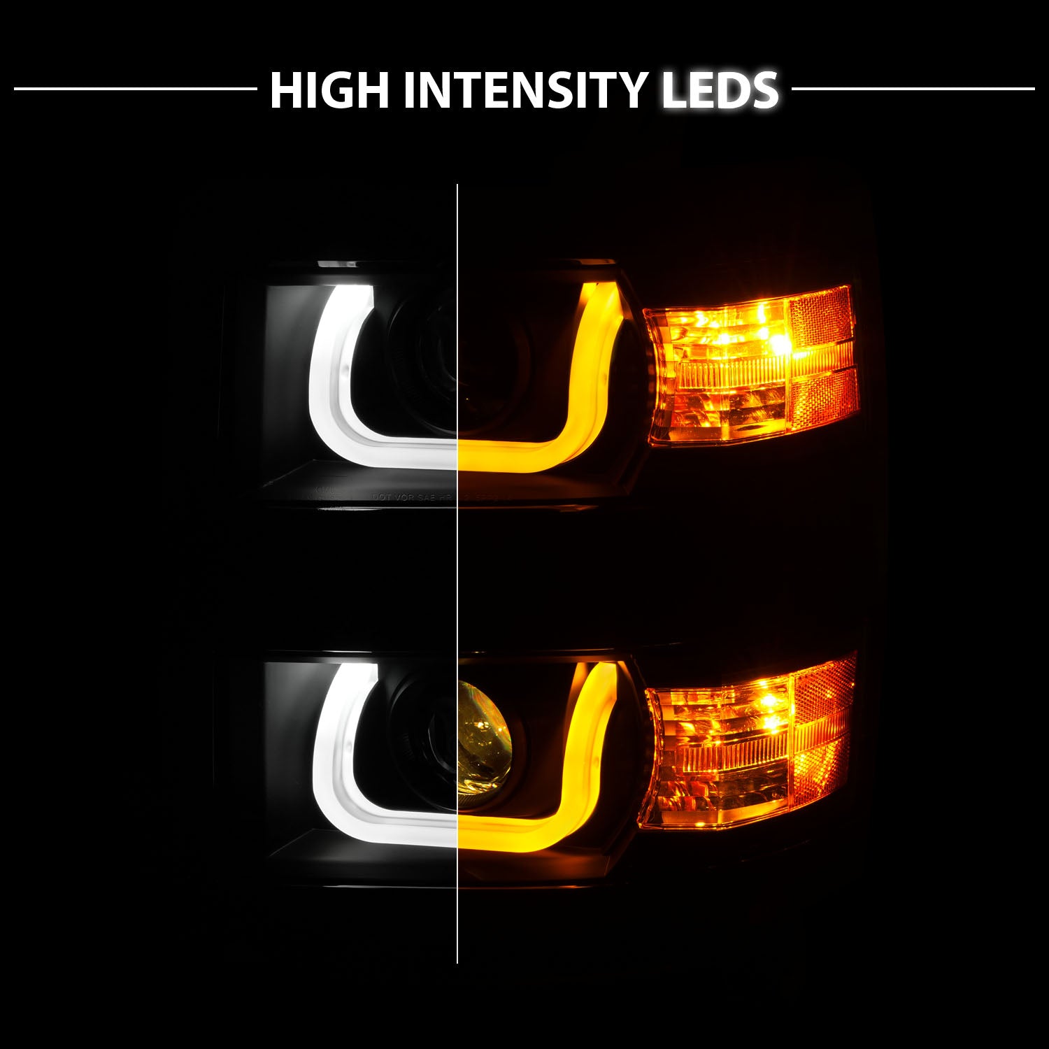 CHEVY SILVERADO 14 PROJECTOR DOUBLE COLOR U BAR STYLE H.L BLACK  WITH BLACK TRIM AMBER