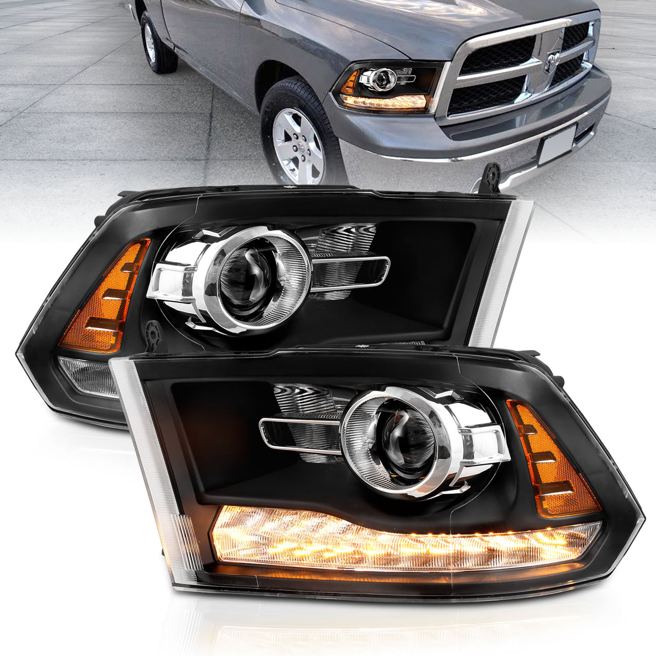 DODGE RAM 09-18 PROJECTOR PLANK STYLE SWITCHBACK H.L BLACK AMBER (OE STYLE) (MIST BLACK) (ALL MODEL)