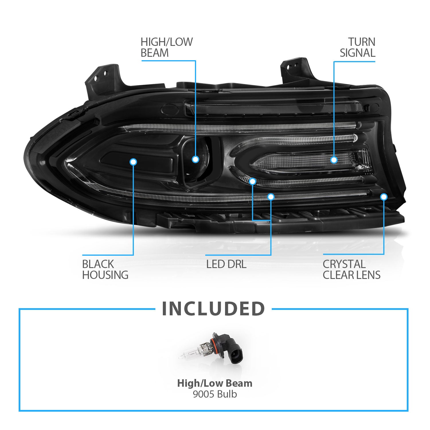 DODGE CHARGER 15-22 PROJECTOR LIGHT BAR STYLE HEADLIGHTS BLACK CLEAR