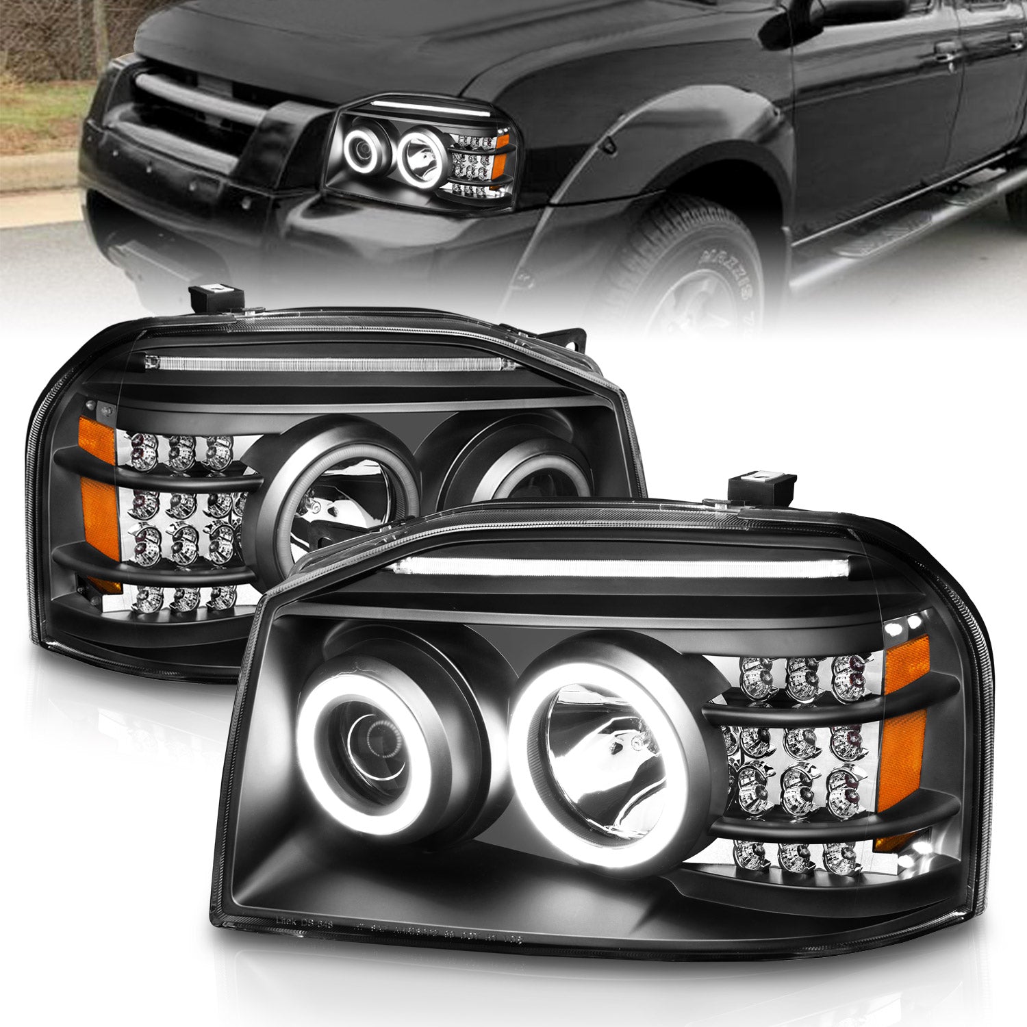 NISSAN FRONTIER 01-04 PROJECTOR HEADLIGHTS W/ LED BAR BLACK CLEAR AMBER (RX HALO)