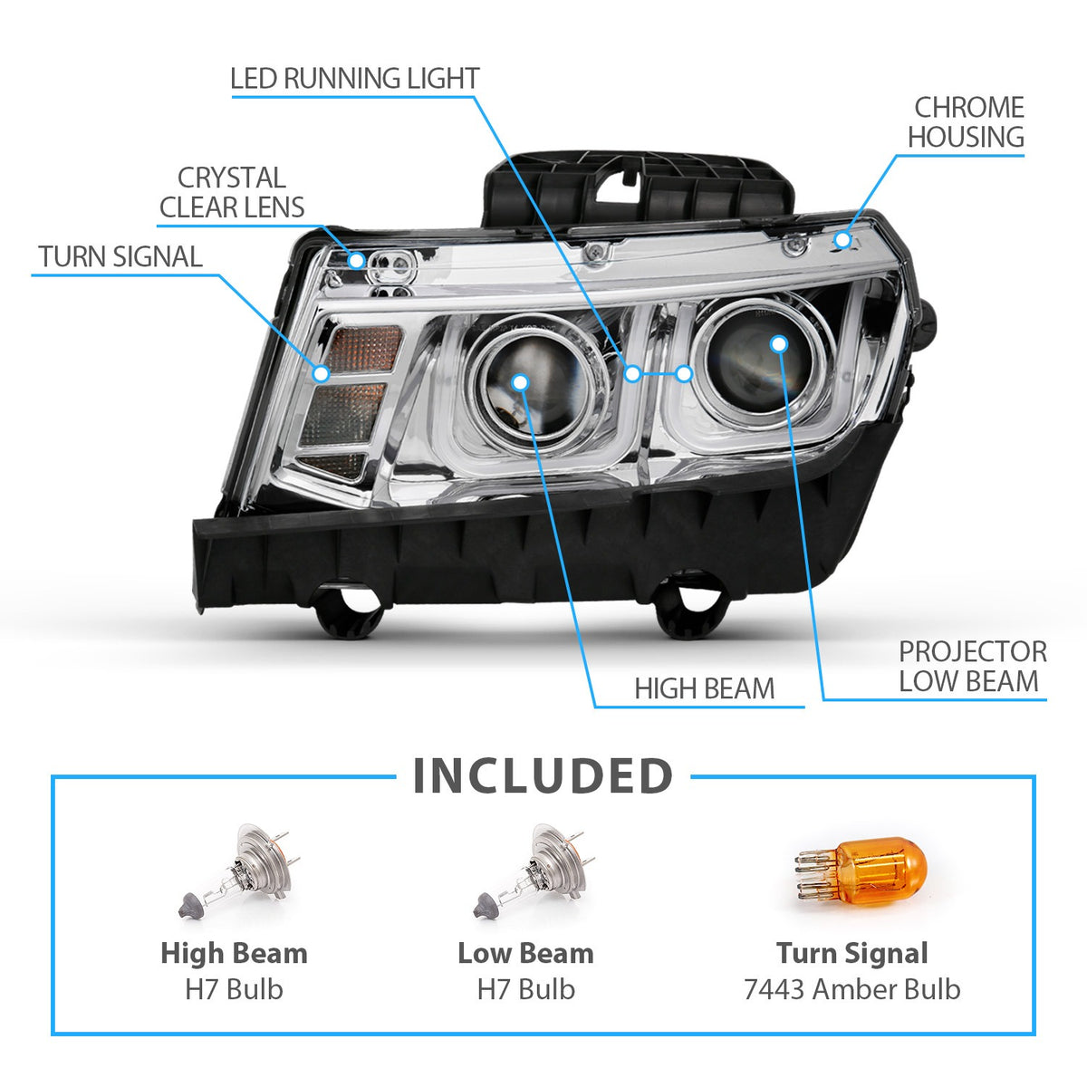 CHEVY CAMARO 14-15 PROJECTOR HEADLIGHTS U-BAR STYLE CHROME CLEAR