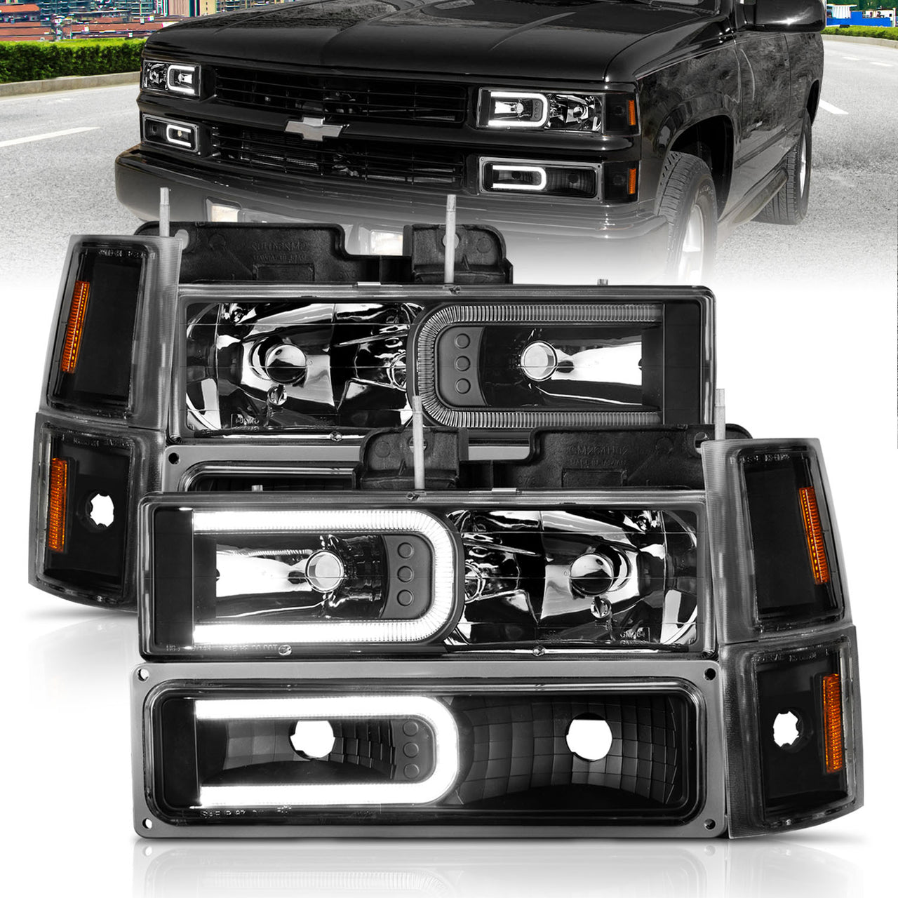 CHEVY CK / C10 /SILVERADO/ TAHOE / SUBURBAN/BLAZER 94-98 HEADLIGHTS  W/ SIGNAL & SIDE MARKERS (8PCS) SET BLACK HOUSING CLEAR LENS W/ C LIGHT BAR