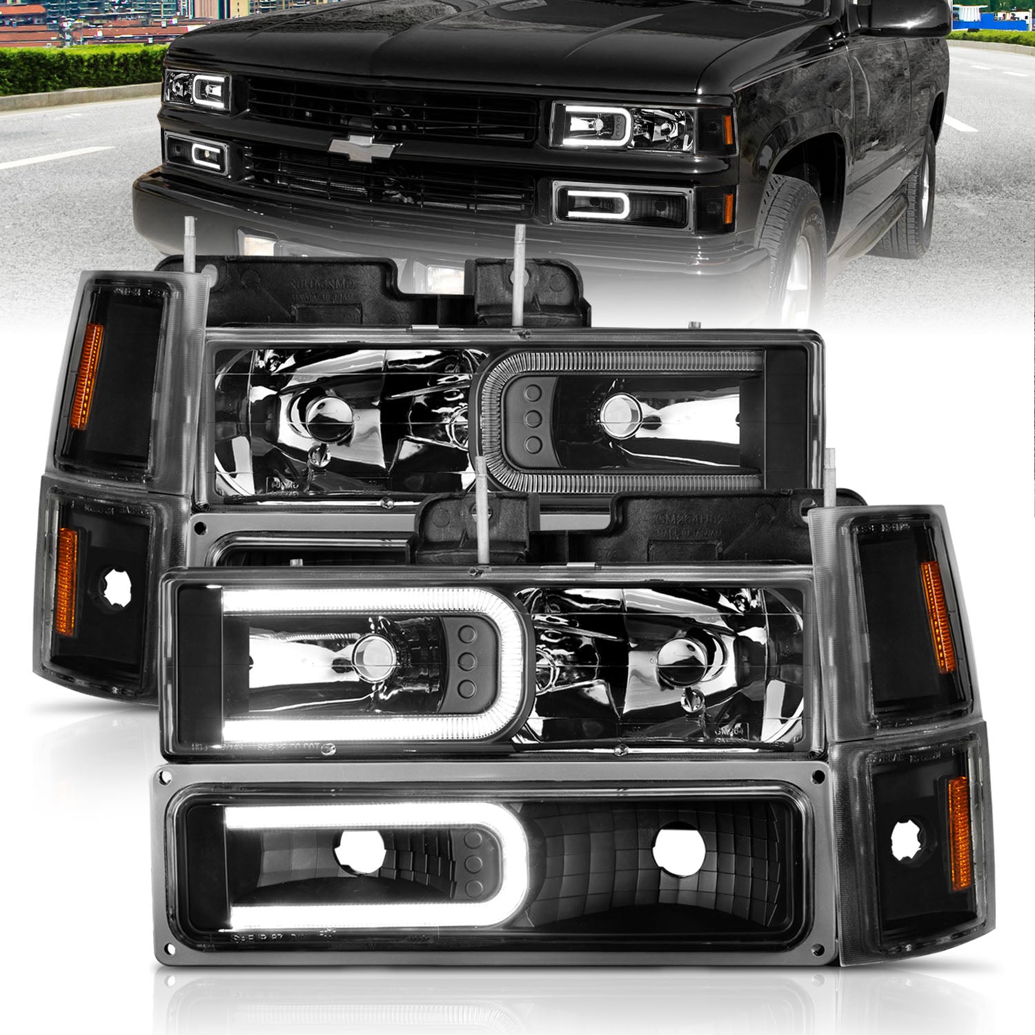 CHEVY CK / C10 /SILVERADO/ TAHOE / SUBURBAN/BLAZER 94-98 HEADLIGHTS  W/ SIGNAL & SIDE MARKERS (8PCS) SET BLACK HOUSING CLEAR LENS W/ C LIGHT BAR