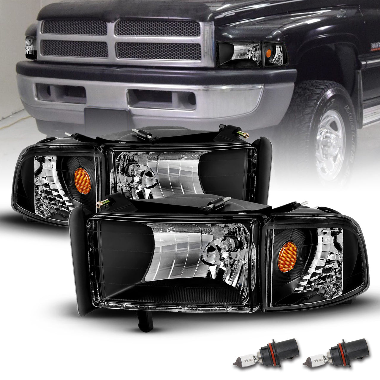 DODGE RAM 94-01 CRYSTAL HEADLIGHTS BLACK AMBER W/ CORNER LIGHTS