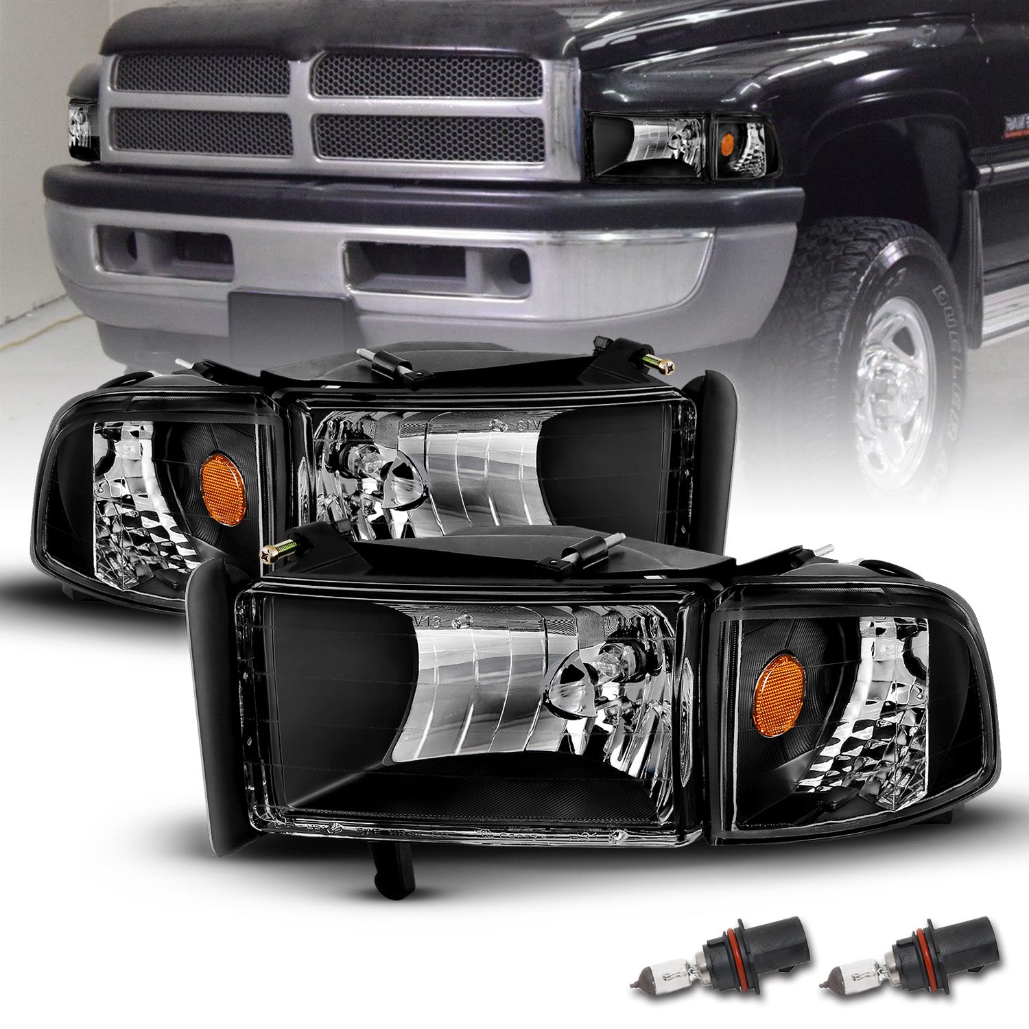 DODGE RAM 94-01 CRYSTAL HEADLIGHTS BLACK AMBER W/ CORNER LIGHTS