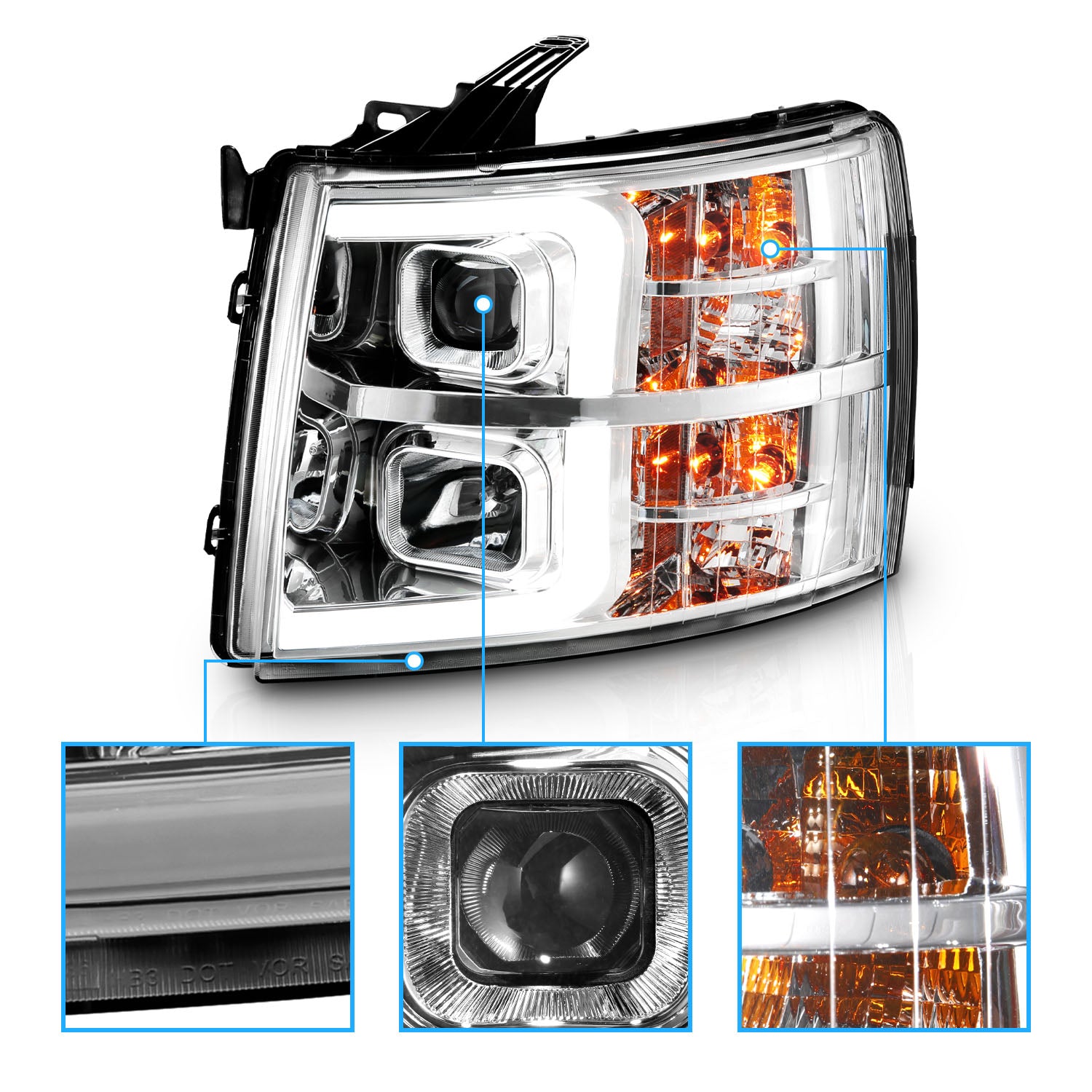CHEVY SILVERADO 1500/2500/3500 07-13/1500 HYBRID 09-13 LIGHT BAR STYLE HEADLIGHTS CHROME AMBER