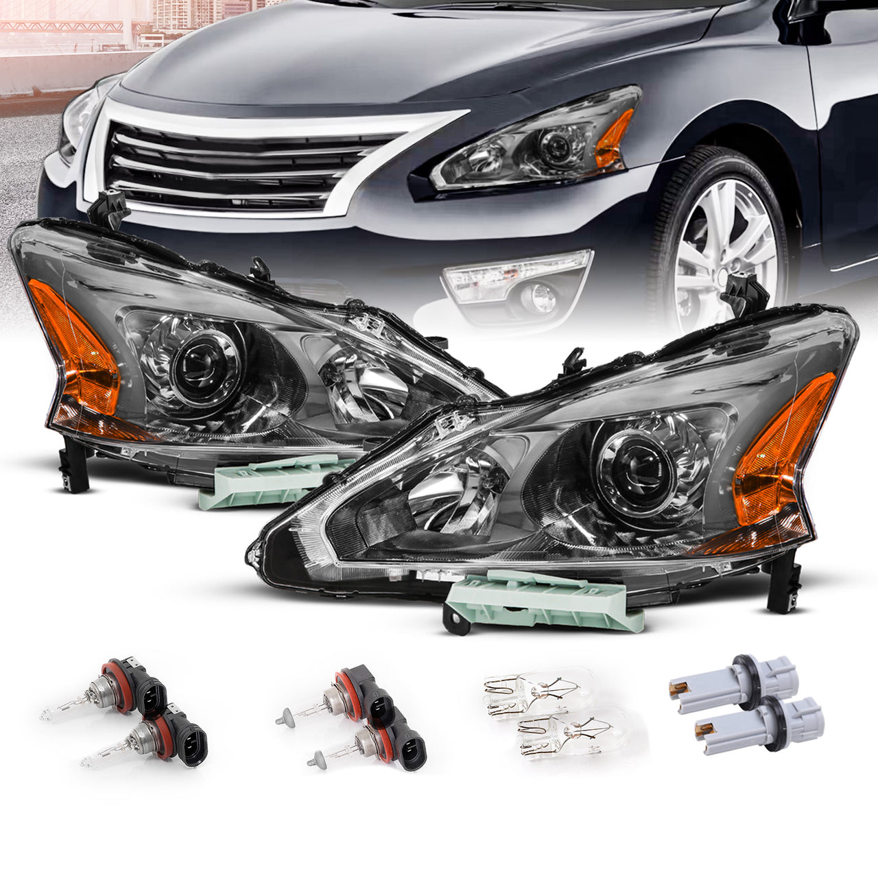 NISSAN ALTIMA 13-15 HEADLIGHTS 4D GUN-METAL HOUSING AMBER