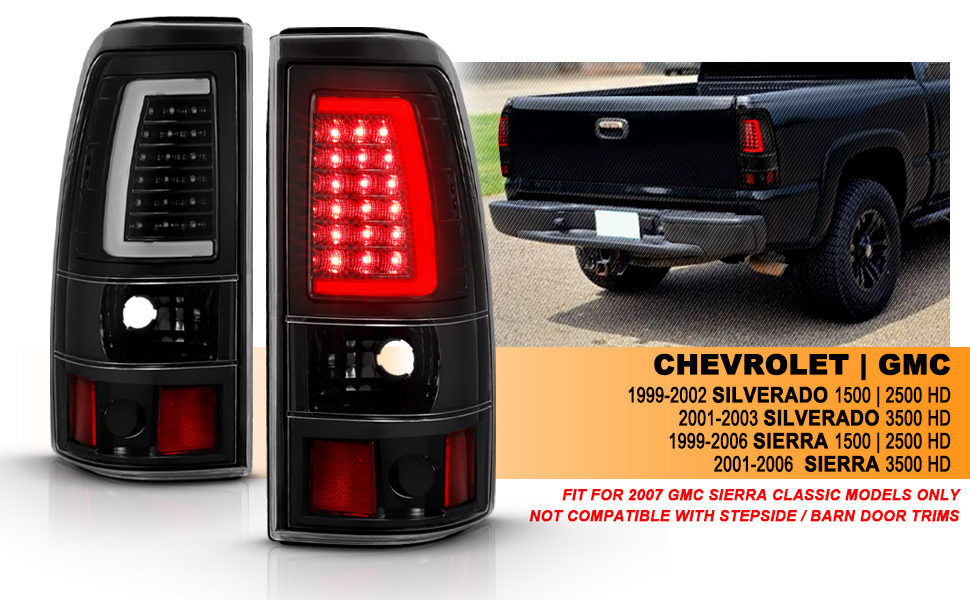 GMC SIERRA 99-07/CHEVY SILVERADO 99-03 (1500/2500 SERIES 99-02 & 3500 SERIES 2003) LED TAIL LIGHTS BLACK HOUSING CLEAR LENS  W/ C LIGHT BAR (3 HOLE)