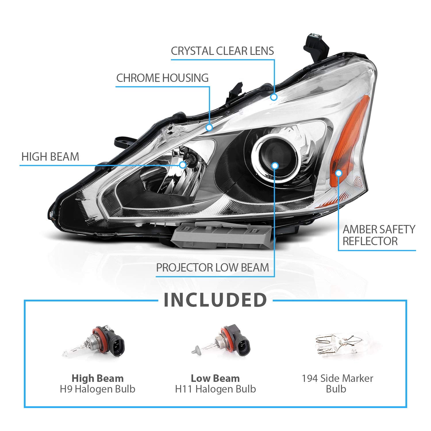 NISSAN ALTIMA 13-15 HEADLIGHTS 4D CRYSTAL CHROME AMBER