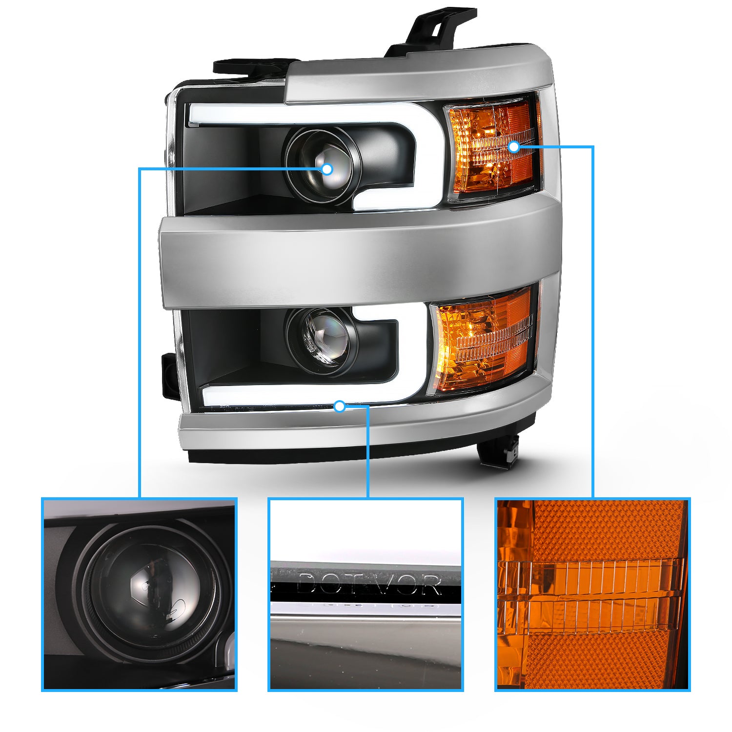 CHEVY SILVERADO 2500HD/3500HD 15-17 PROJECTOR LIGHT BAR STYLE SWITCHBACK HEADLIGHTS BLACK AMBER (CHROME RIM)