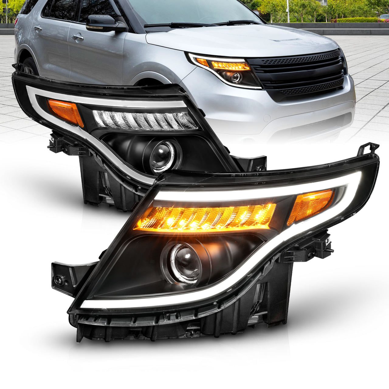 FORD EXPLORER 11-15 (13-15 BASE, XLT, LIMITED) PROJECTOR LIGHT BAR STYLE HEADLIGHTS BLACK AMBER