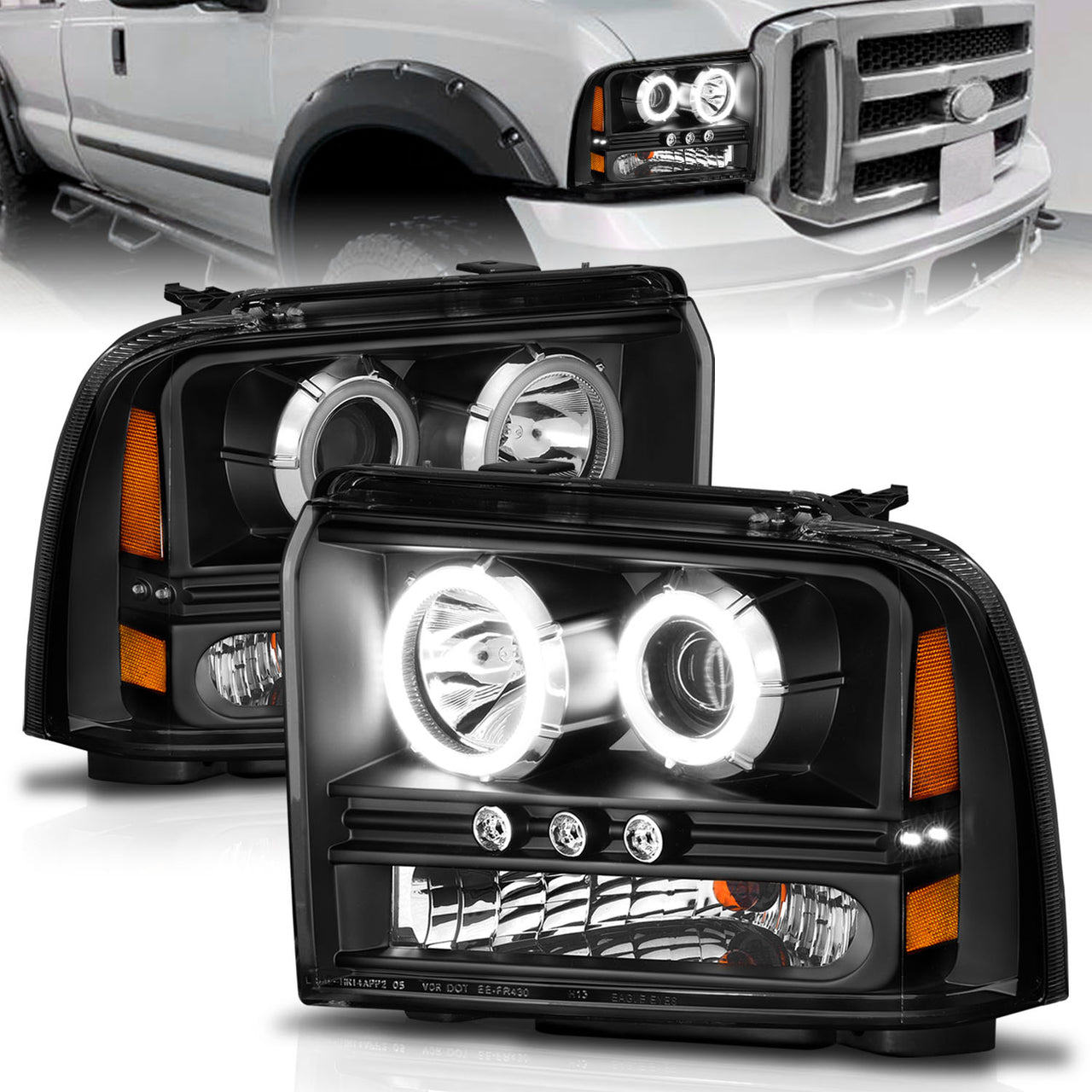 FORD F-250/350/450/550 SUPERDUTY 05-07/EXCURSION 2005 PROJECTOR HEADLIGHTS BLACK CLEAR W/ LED STRIP (SMD LED) 1PC