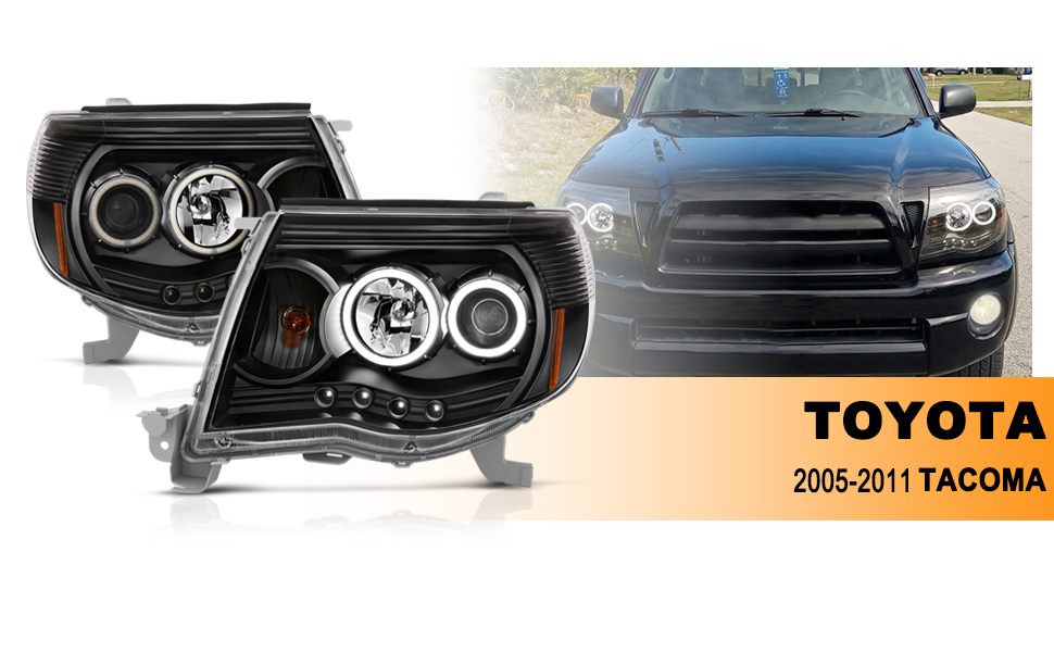 TOYOTA TACOMA 05-11 PROJECTOR HEADLIGHTS W/O CCFL BAR BLACK AMBER (RX HALO)