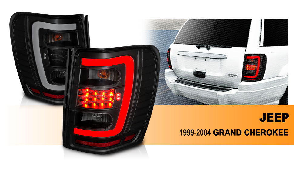 JEEP GRAND CHEROKEE 99-04 LED TAIL LIGHTS BLACK HOUSING SMOKE LENS W/ C LIGHT BAR