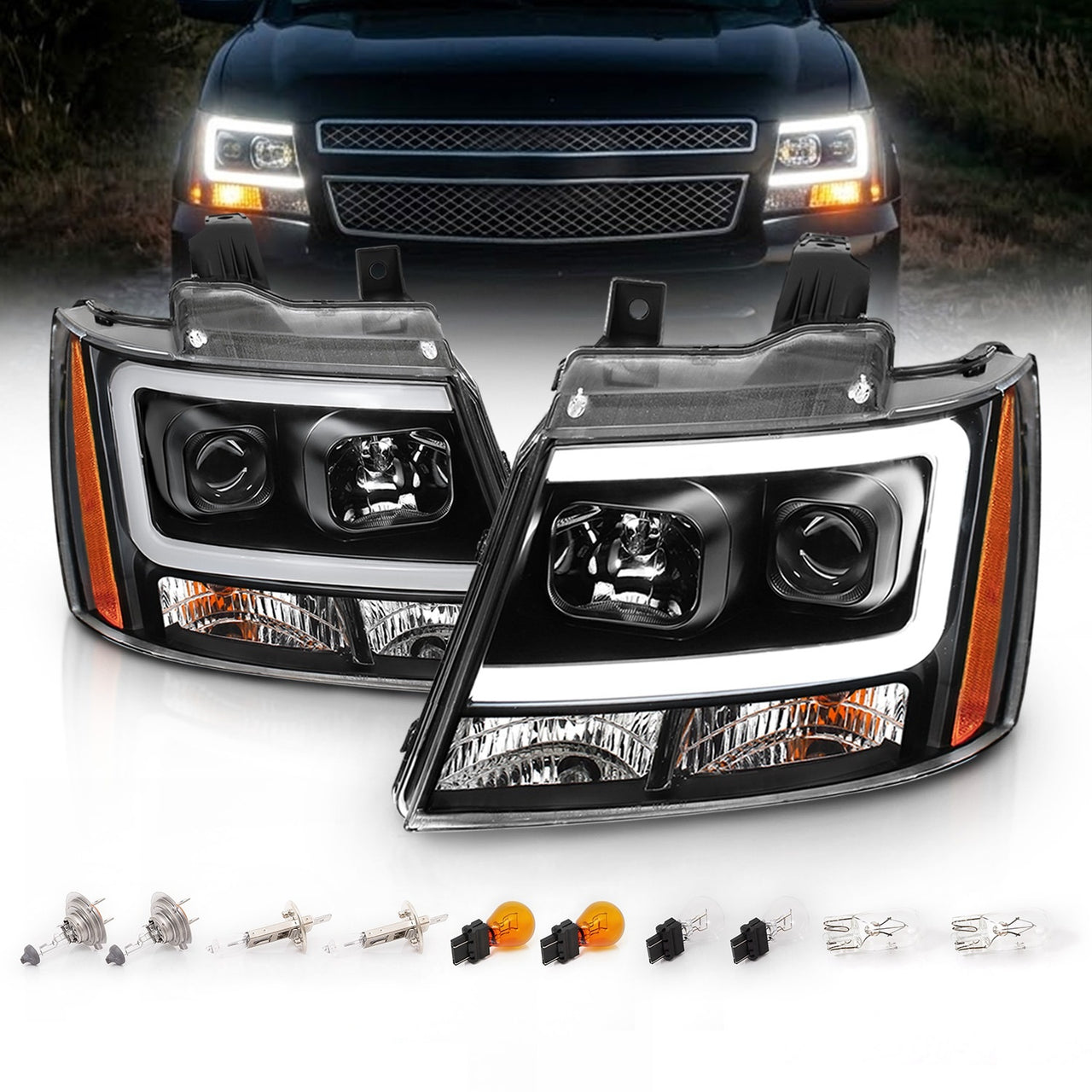 CHEVY TAHOE/SUBURBAN/AVALANCHE 07 PROJECTOR HEADLIGHTS G2 BLACK CLEAR AMBER