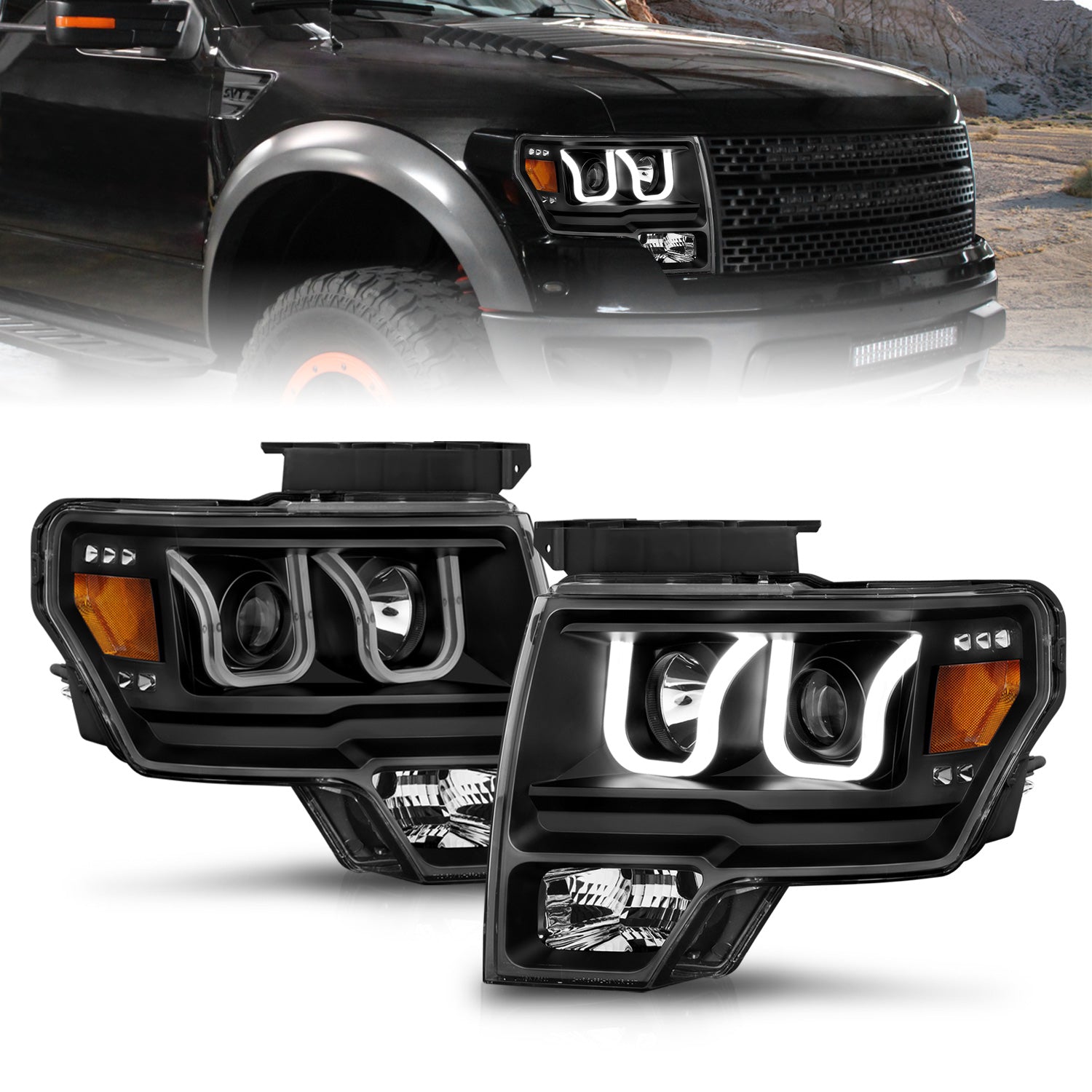FORD F-150 09-13 PROJECTOR U-BAR STYLE SWITCHBACK HEADLIGHTS BLACK