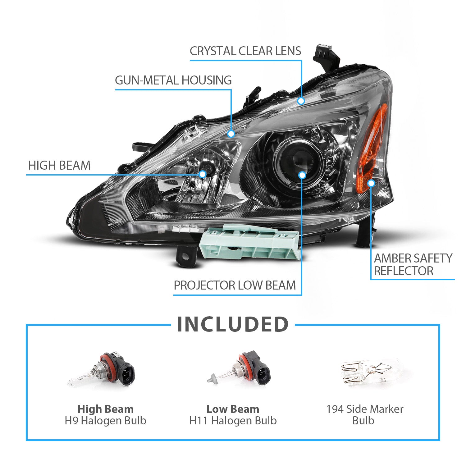 NISSAN ALTIMA 13-15 HEADLIGHTS 4D GUN-METAL HOUSING AMBER
