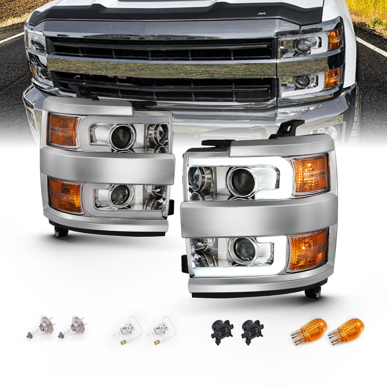 CHEVY SILVERADO 2500HD/3500HD 15-17 PROJECTOR LIGHT BAR STYLE HEADLIGHTS CHROME AMBER (CHROME RIM)