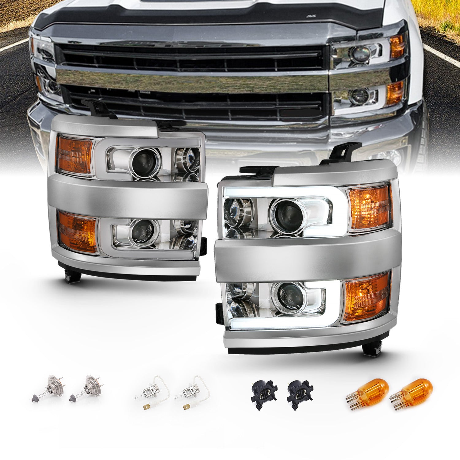 CHEVY SILVERADO 2500HD/3500HD 15-17 PROJECTOR LIGHT BAR STYLE HEADLIGHTS CHROME AMBER (CHROME RIM)