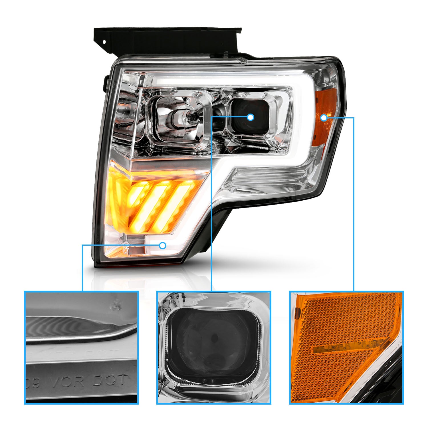 FORD F-150 09-13 PROJECTOR LIGHT BAR STYLE HEADLIGHTS G4 CHROME AMBER