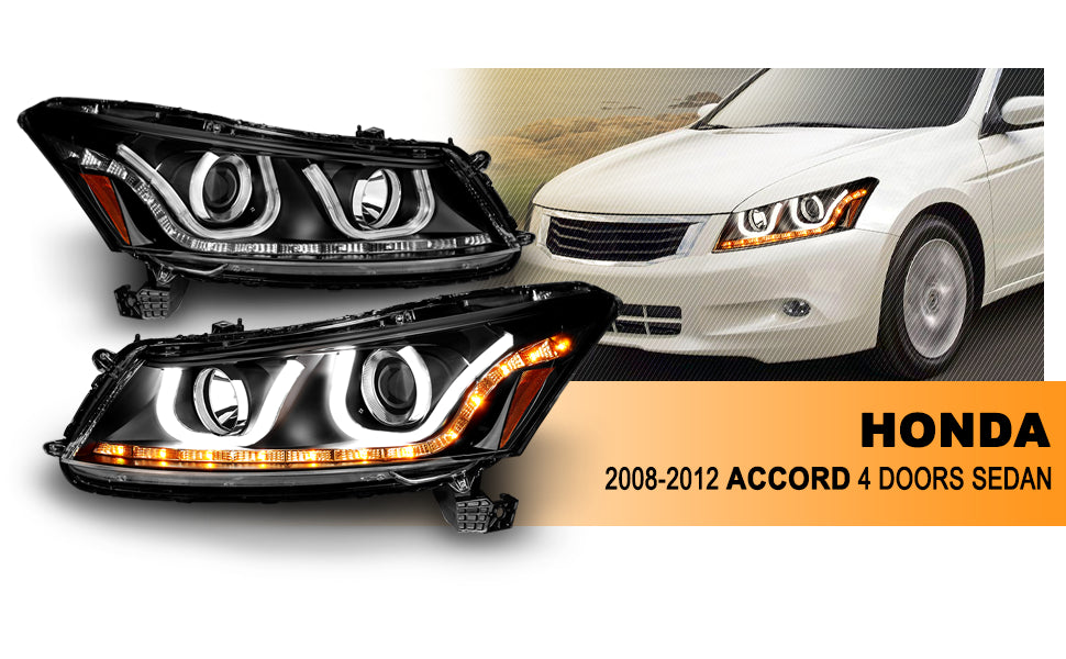 HONDA ACCORD 08-12 4DR PROJECTOR BAR STYLE HEADLIGHTS BLACK CLEAR AMBER