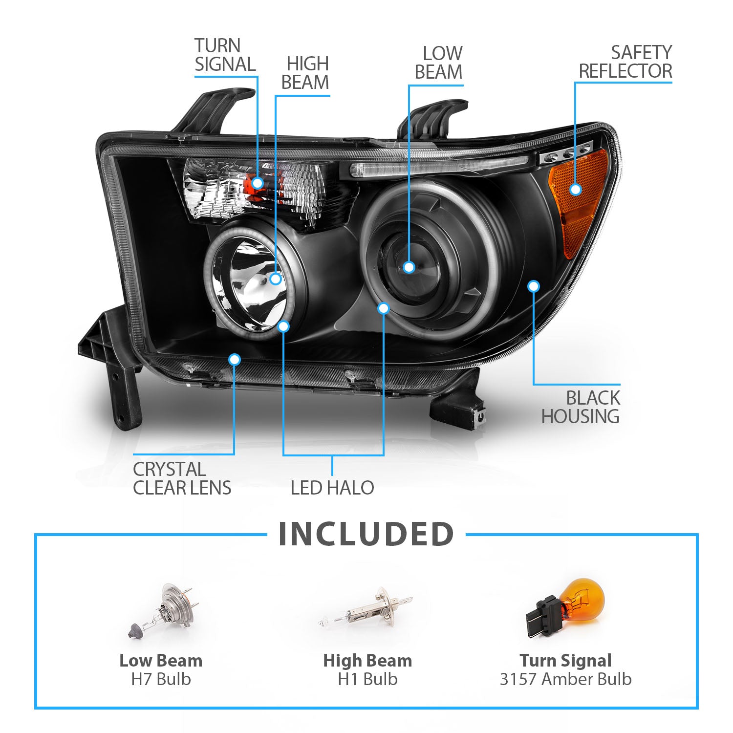 TOYOTA TUNDRA 07-13/SEQUOIA 08-17 PROJECTOR HEADLIGHTS HALO W/ LED BAR BLACK CLEAR AMBER (RX HALO)