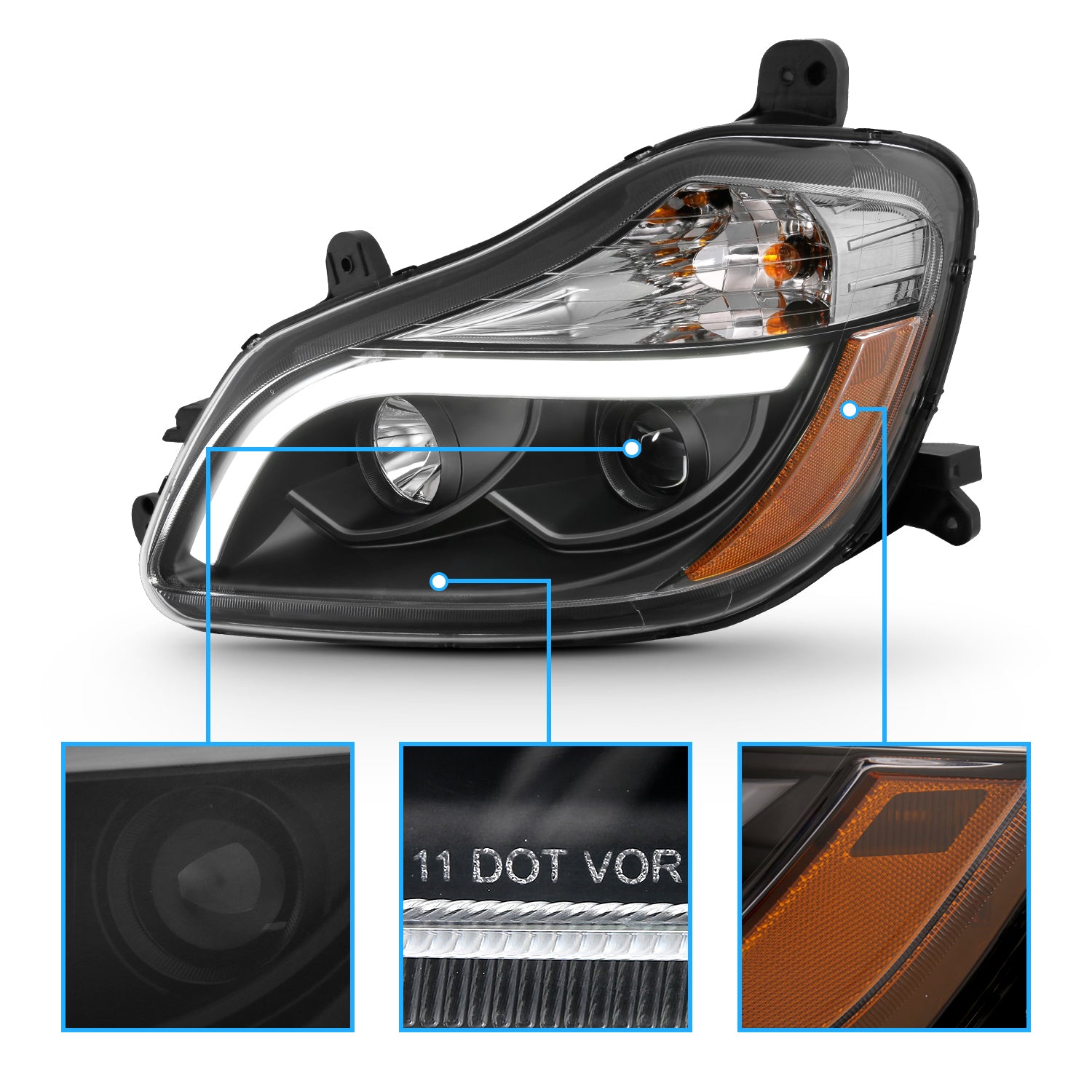 Kenworth T680 15 UP  PROJECTOR PLANK STYLE H.L BLACK AMBER REFLECTOR