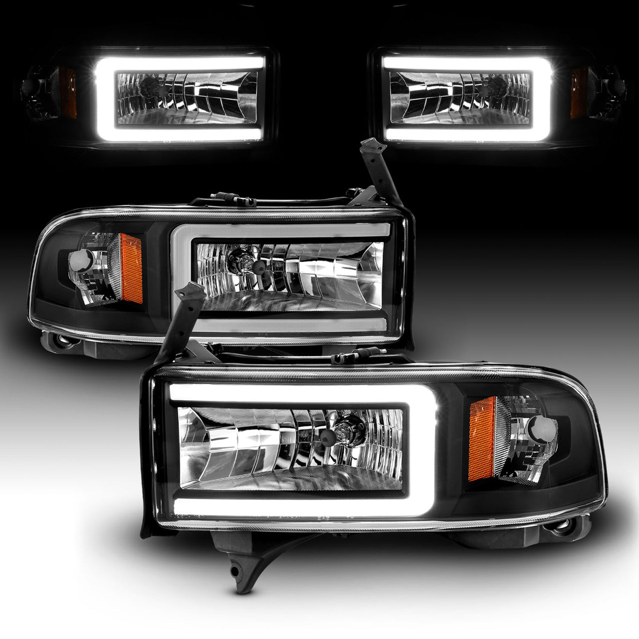 DODGE RAM 94-02 HEADLIGHTS BLACK AMBER (W/ C LIGHT BAR)