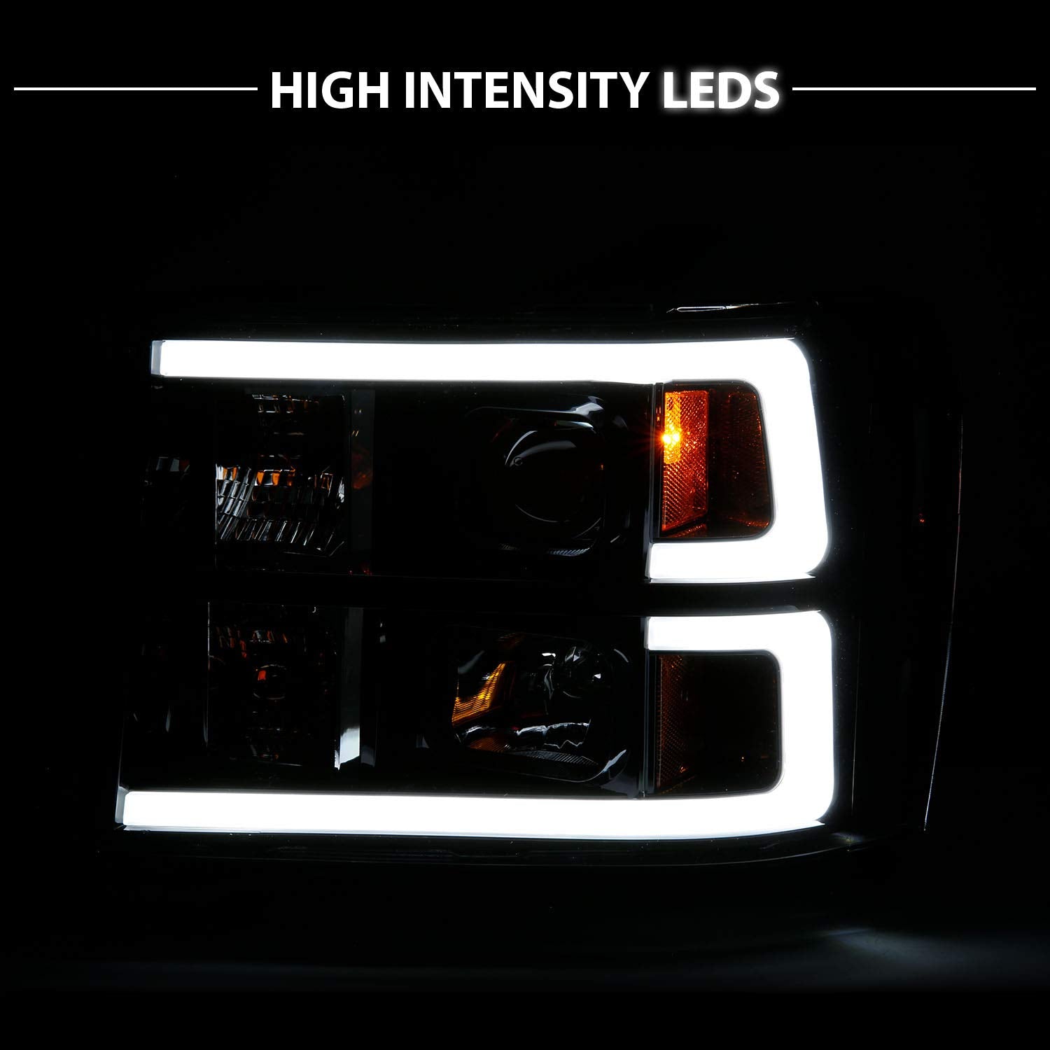 GMC SIERRA 07-10/1500 HYBRID 09-10 PROJECTOR LIGHT BAR STYLE HEADLIGHTS BLACK CLEAR AMBER