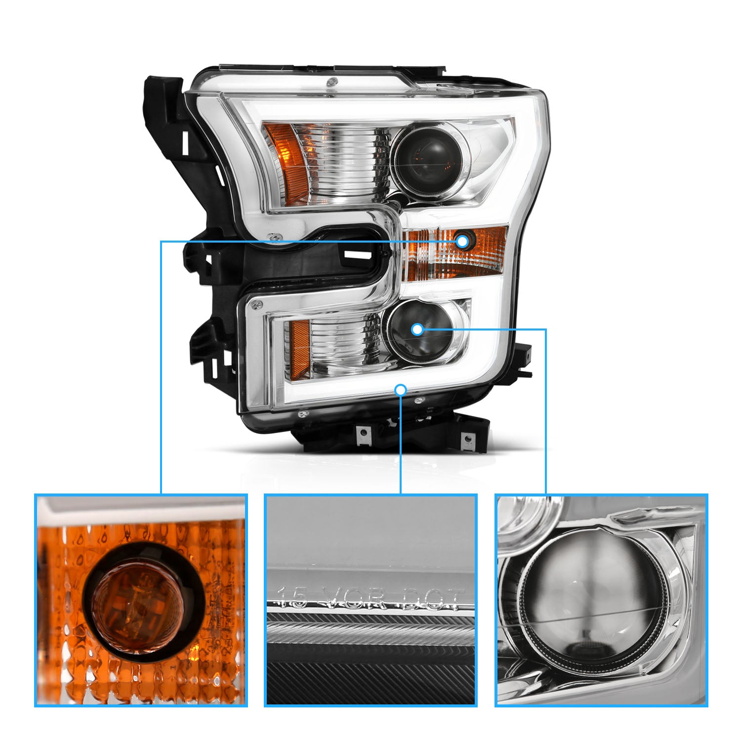 FORD F-150 15-17 PROJECTOR LIGHT BAR STYLE SWITCHBACK HEADLIGHTS CHROME AMBER