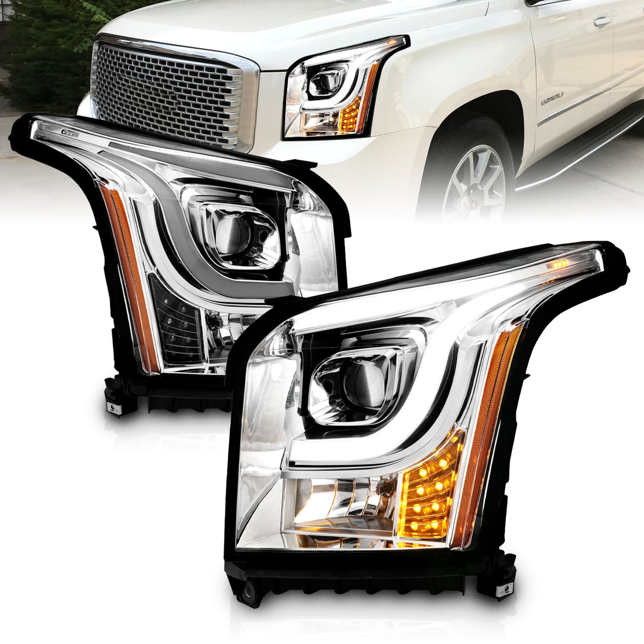 GMC YUKON/YUKON XL 15-19 PROJECTOR LIGHT BAR STYLE HEADLIGHTS CHROME CLEAR AMBER