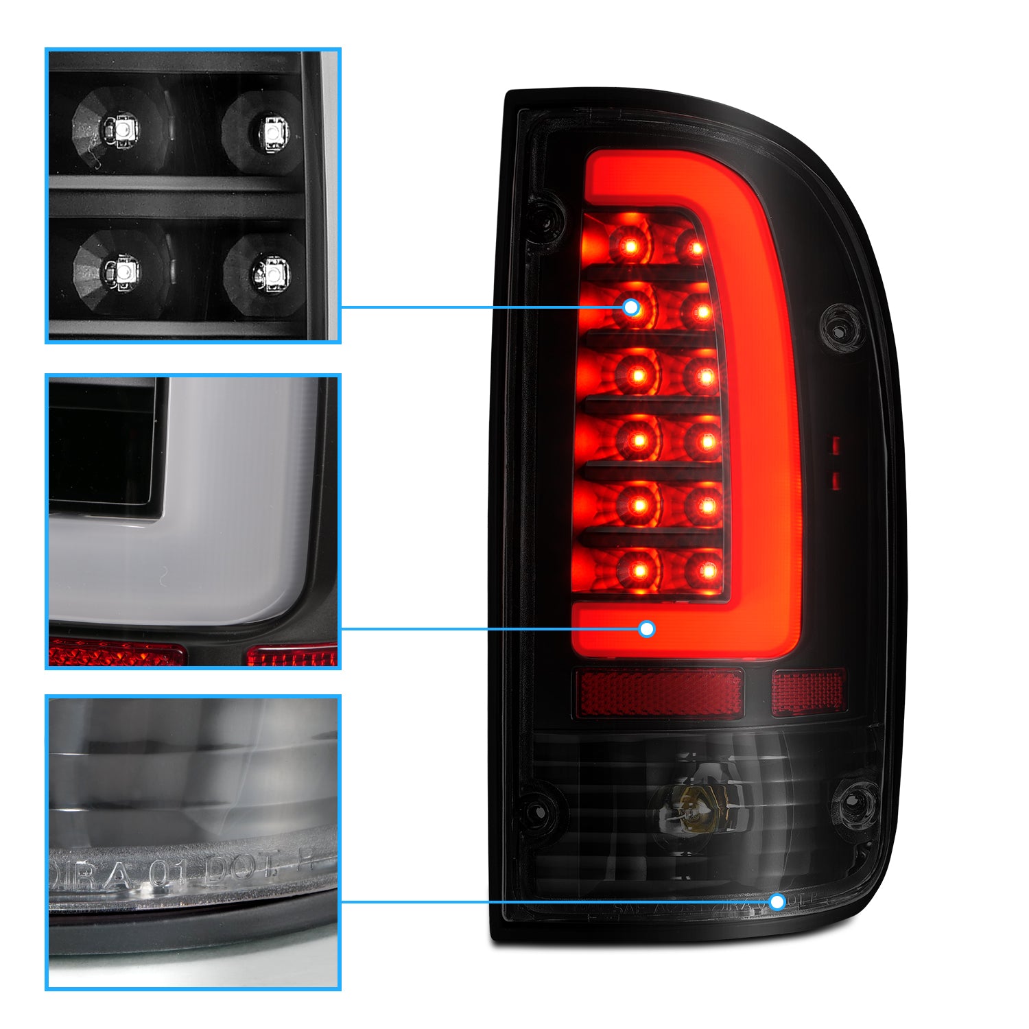 TOYOTA TACOMA 95-00 LED TAIL LIGHTS BLACK HOUSING SMOKE LENS W/ C LIGHT BAR