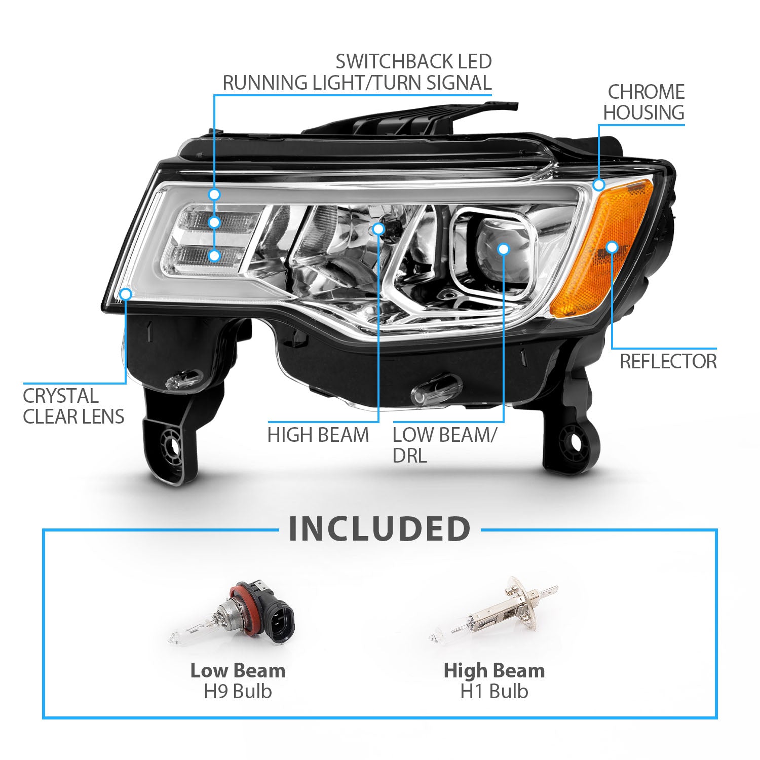 JEEP GRAND CHEROKEE 17-18 HEADLIGHTS PROJECTOR LIGHT BAR STYLE SWITCHBACK HEADLIGHTS CHROME AMBER