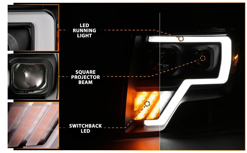 FORD F-150 09-13 PROJECTOR LIGHT BAR STYLE G4 SWITCHBACK HEADLIGHTS BLACK AMBER