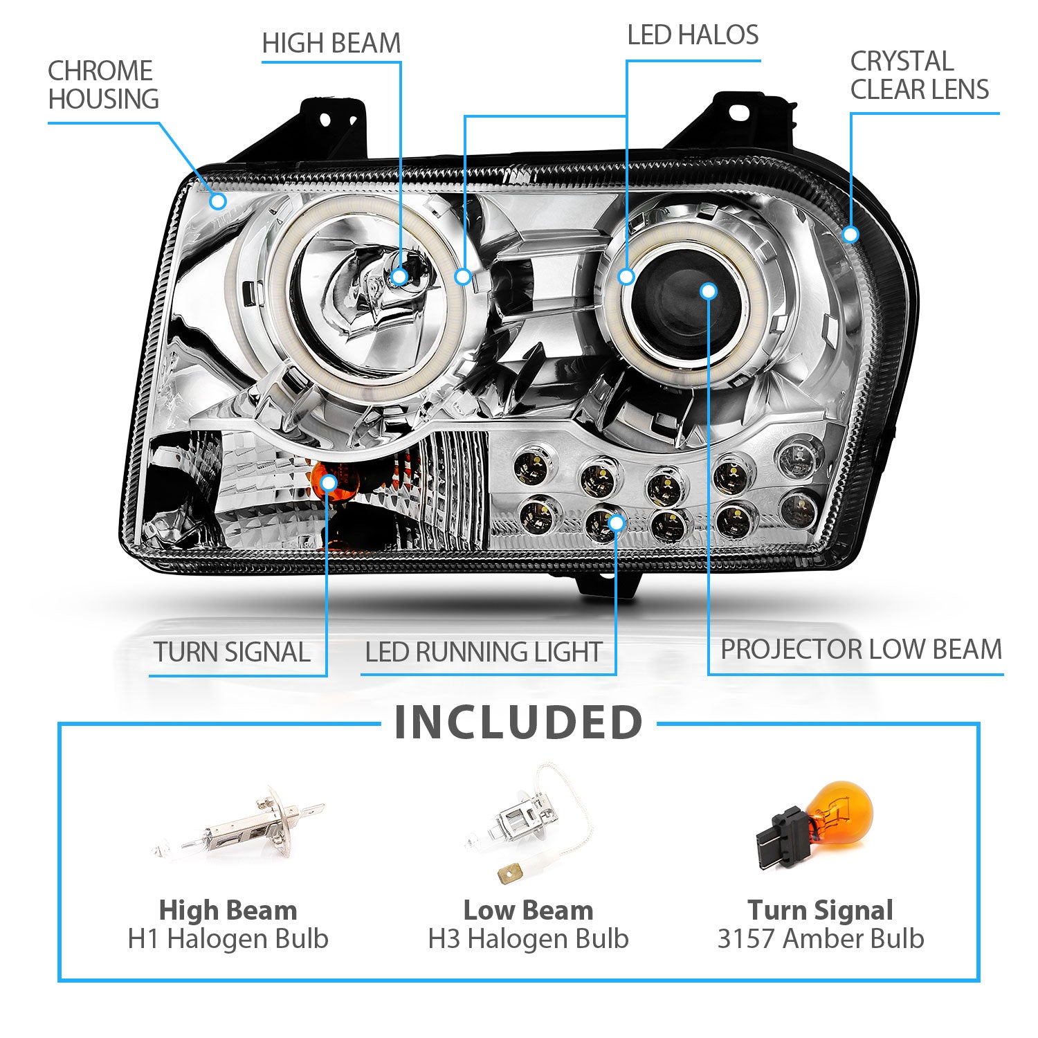 CHRYSLER 300 (05:2.7L,3.5L ENG)/(07-10:W/O DELAY OPTION) 05-10 PROJECTOR HEADLIGHTS HALO LED CHROME (RX HALO)
