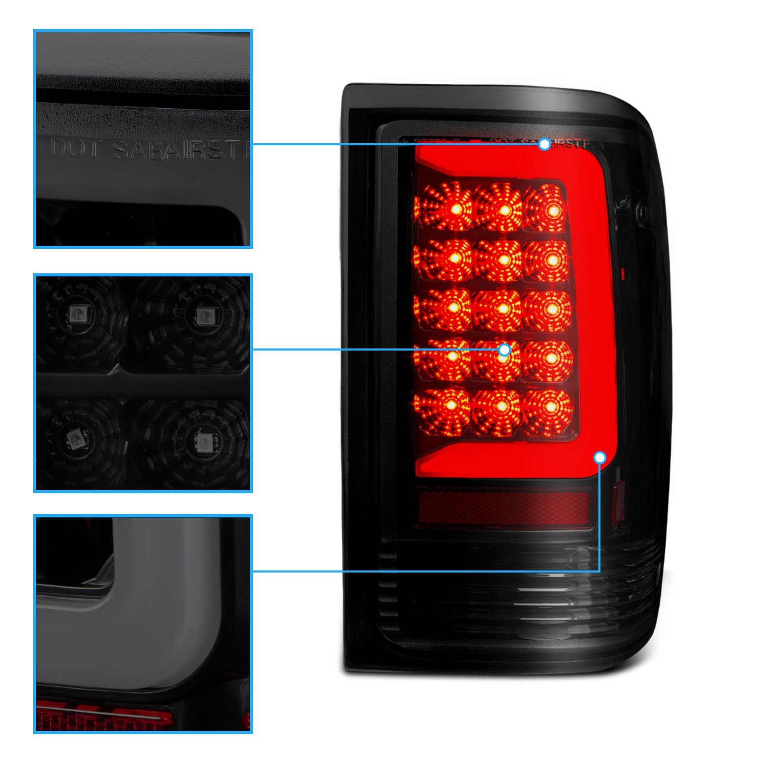 FORD RANGER 93-97 LED TAIL LIGHTS BLACK HOUSING SMOKE LENS (W/ C LIGHT BAR)