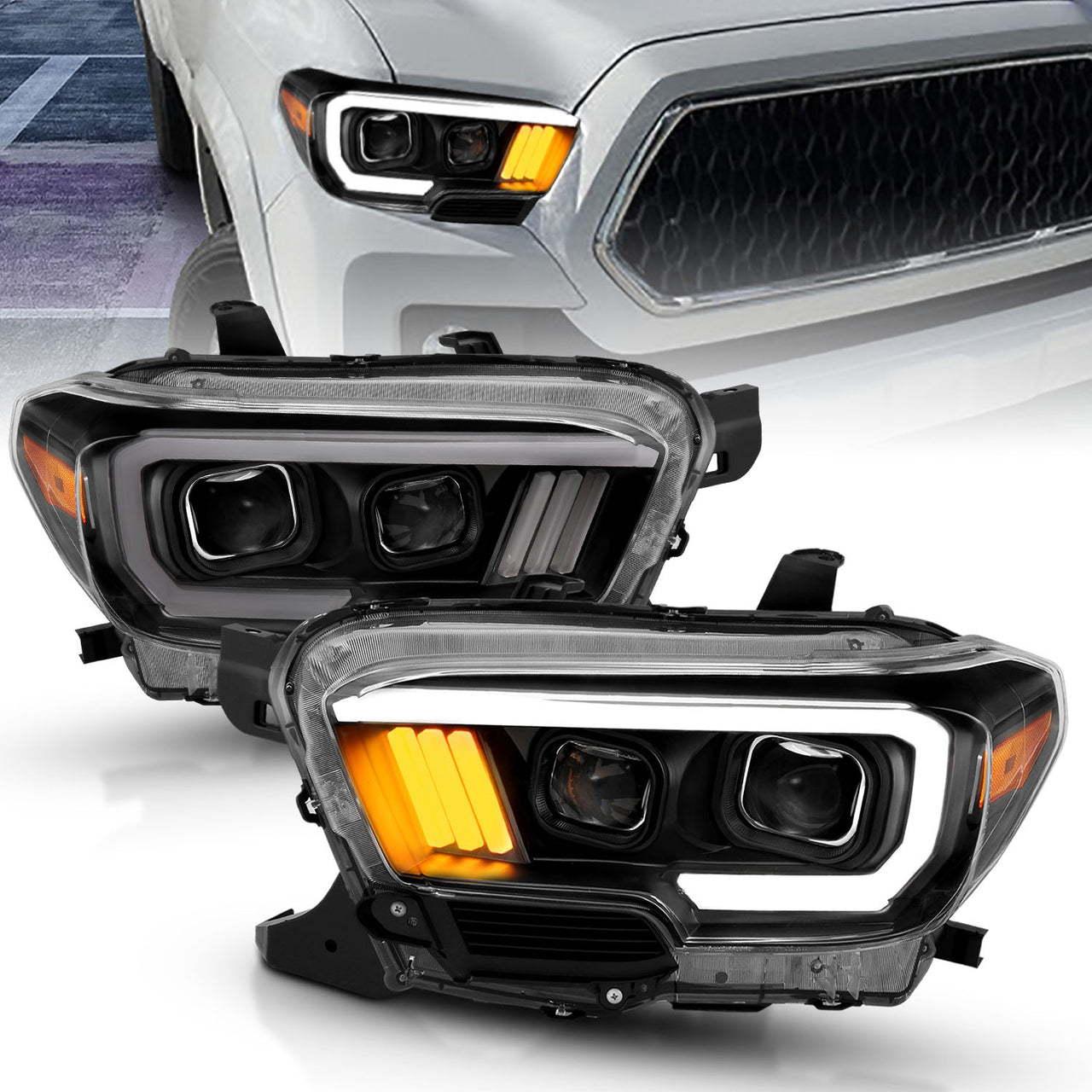 TOYOTA TACOMA 16-23 PROJECTOR LIGHT BAR STYLE HEADLIGHTS BLACK AMBER (W/ DRL) (HIGH MODEL)
