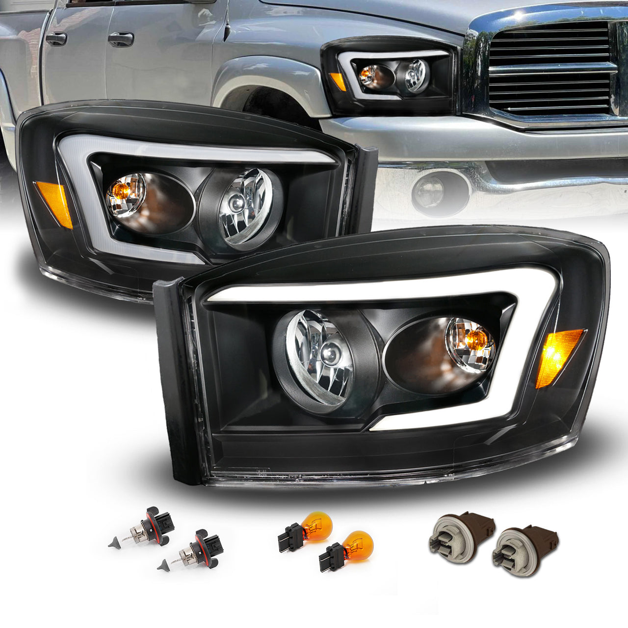 DODGE RAM 1500 06-08/ 2500/3500 06-09 BLACK HEADLIGHTS AMBER (W/ C LIGHT BAR)