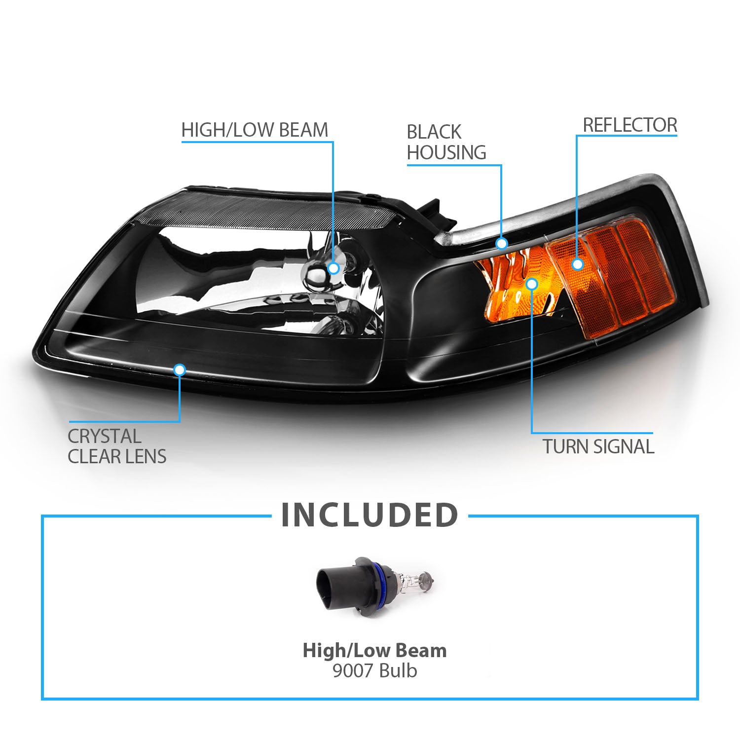 FORD MUSTANG 99-04 CRYSTAL HEADLIGHTS BLACK AMBER