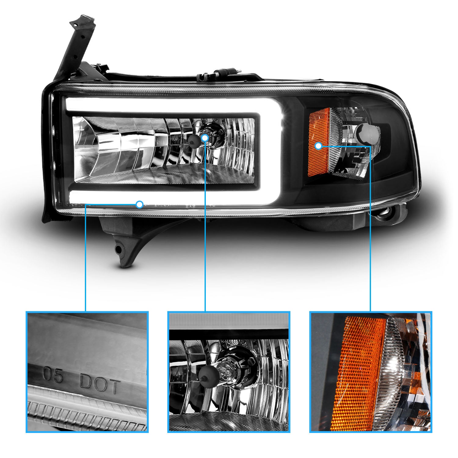 DODGE RAM 94-02 HEADLIGHTS BLACK AMBER (W/ C LIGHT BAR)