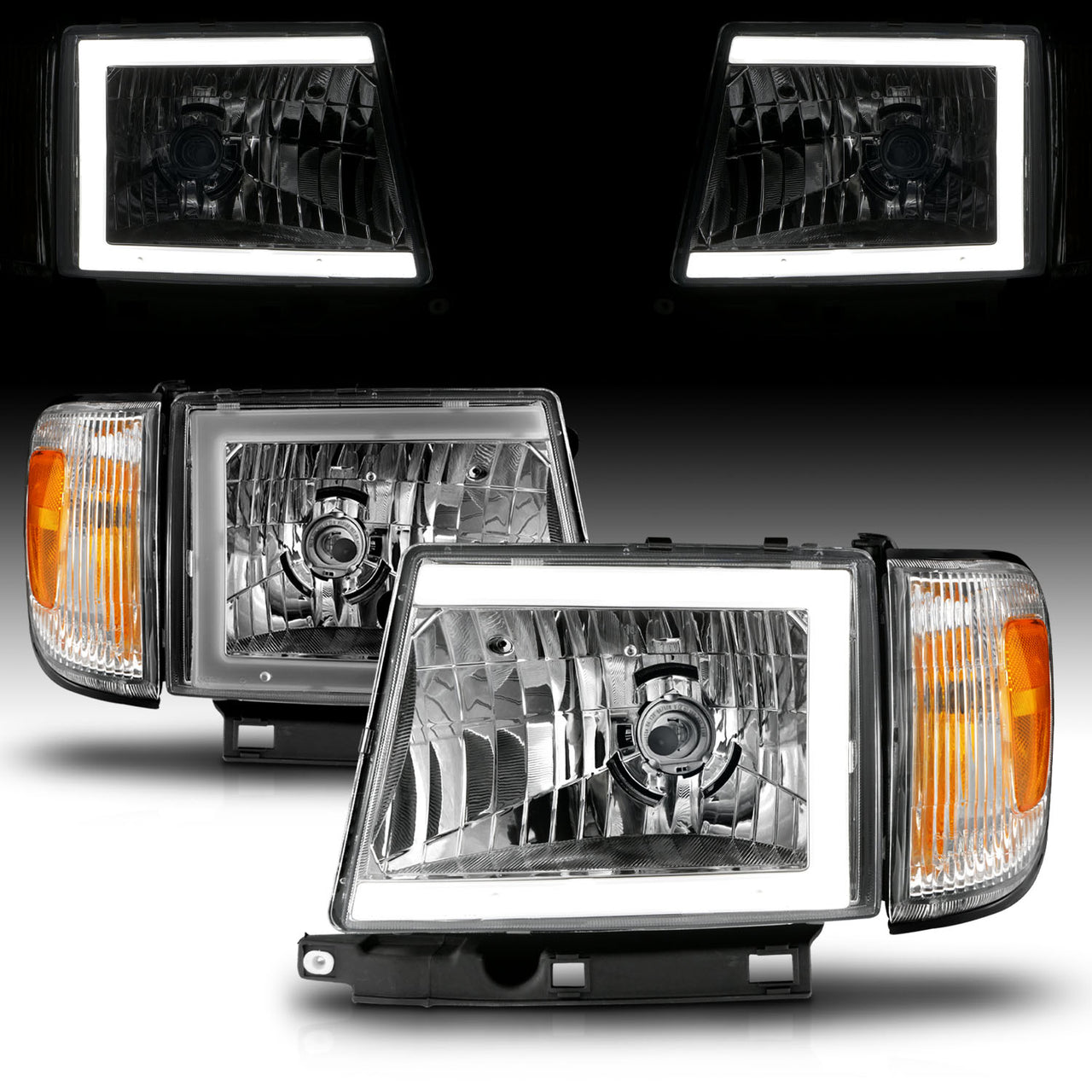 TOYOTA TACOMA 2WD  (W/O PRERUNNER) 97-00 HEADLIGHTS CHROME (W/SIDE MARKERS) (W/ C LIGHT BAR)