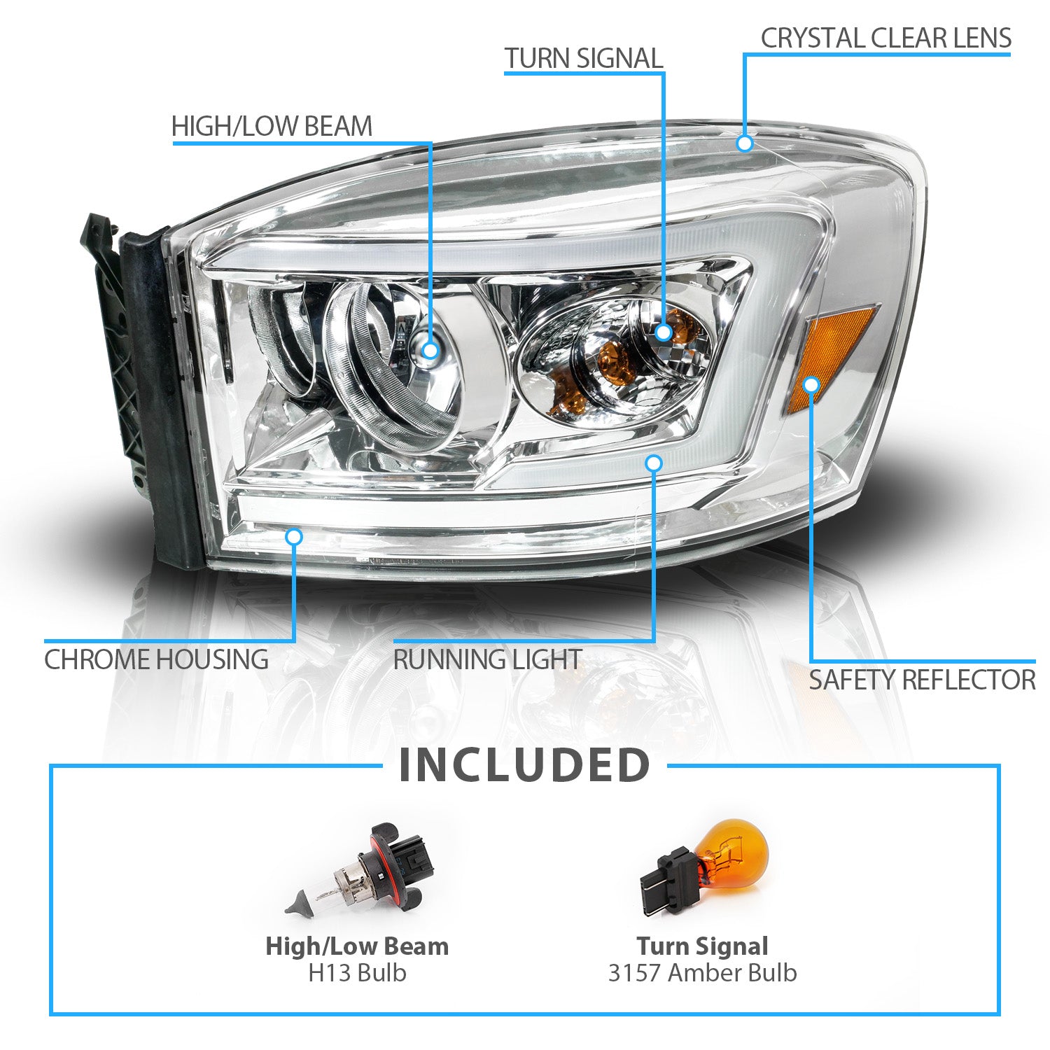 DODGE RAM 1500 06-08/ 2500/3500 06-09  CHROME HEADLIGHTS AMBER (W/ C LIGHT BAR)