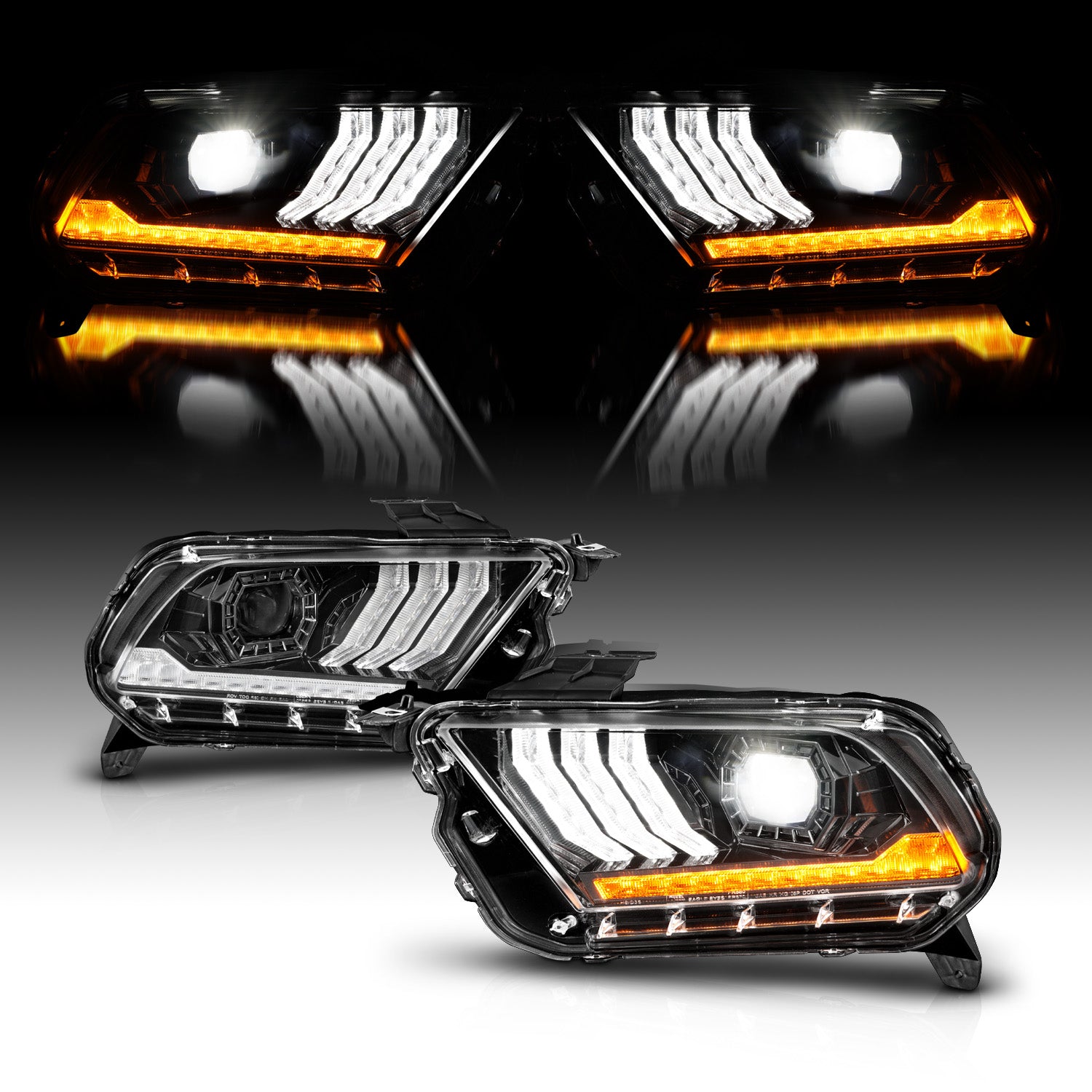 AmeriLite for 2010-2014 Ford Mustang [Full LED] Sequential Tube Projector Black Replacement Headlights Pair - Passenger and Driver Side