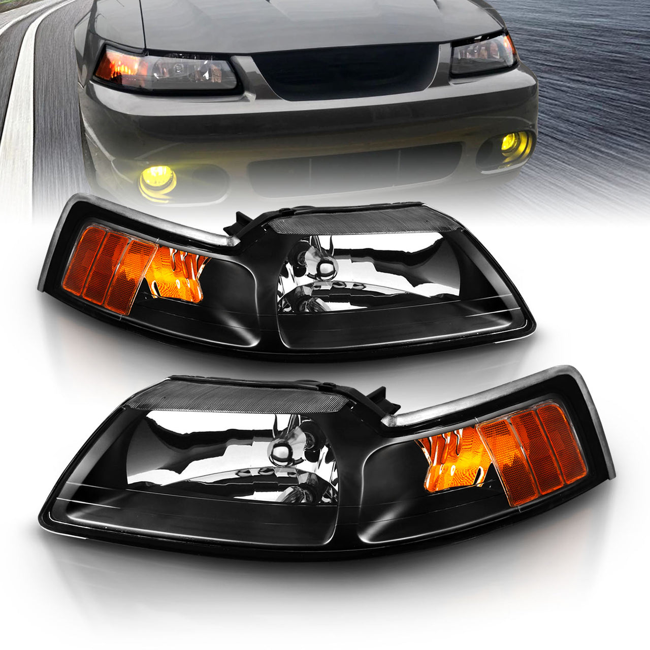 FORD MUSTANG 99-04 CRYSTAL HEADLIGHTS BLACK AMBER