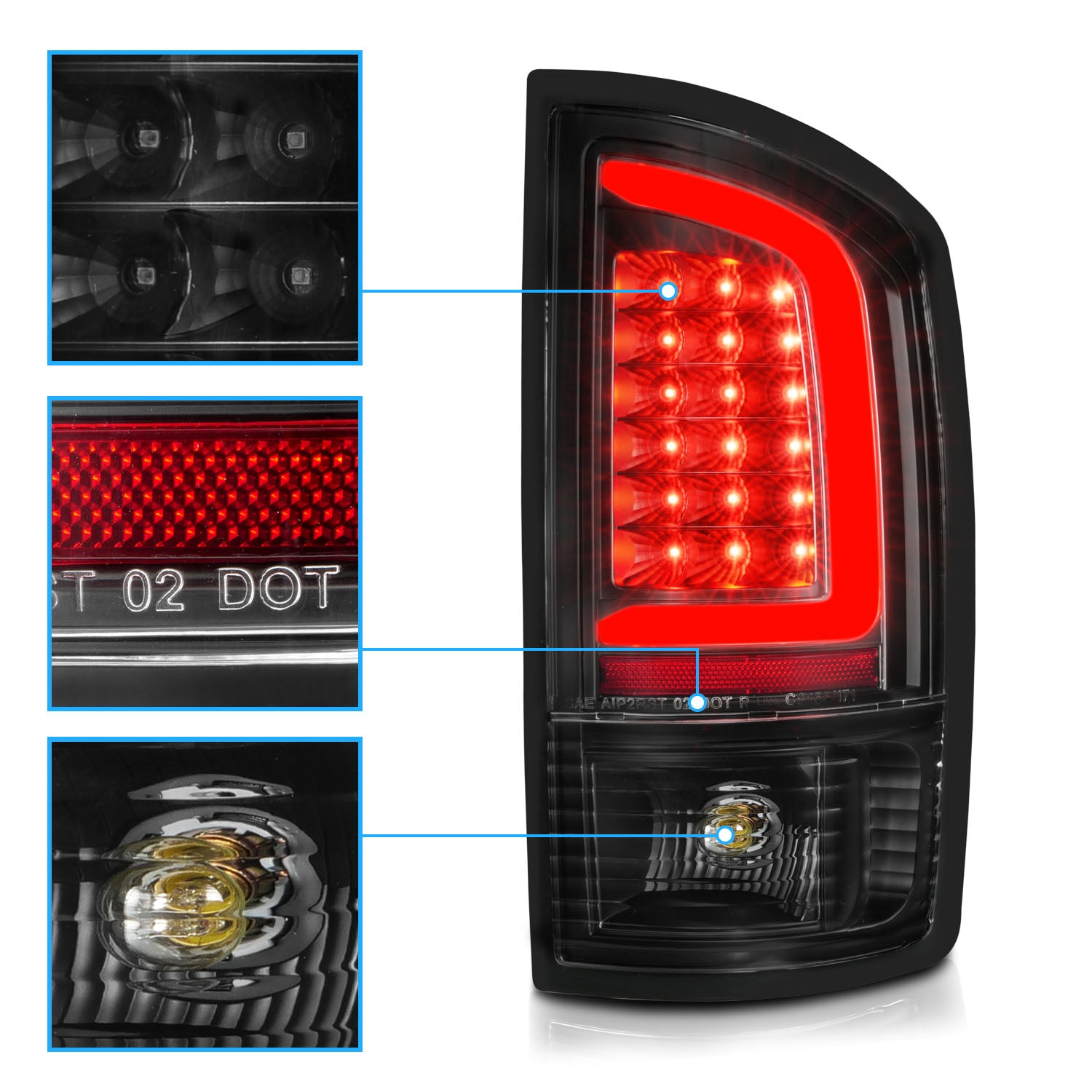 DODGE RAM 1500 02-05 / 2500/3500 02-06 LED TAIL LIGHTS BLACK HOUSING CLEAR LENS W/ C LIGHT BAR