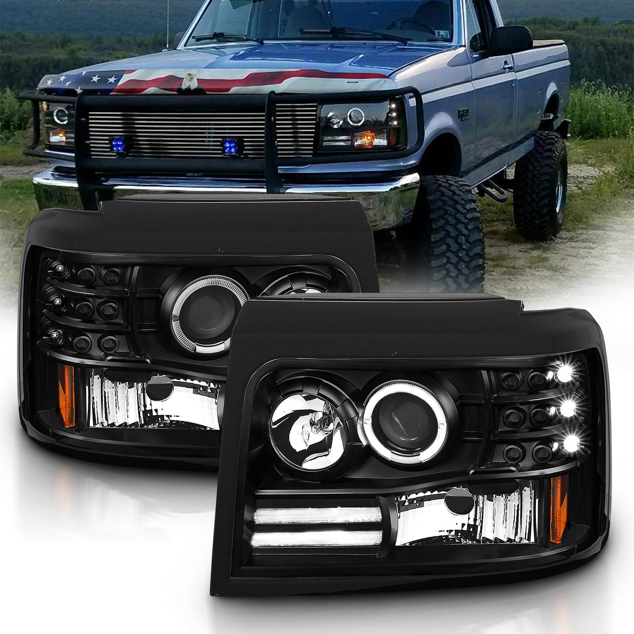 FORD F-150/F-250/BRONCO 92-96 PROJECTOR HALO HEADLIGHTS BLACK W/ SIDE MARKERS W/ PARKING LIGHTS