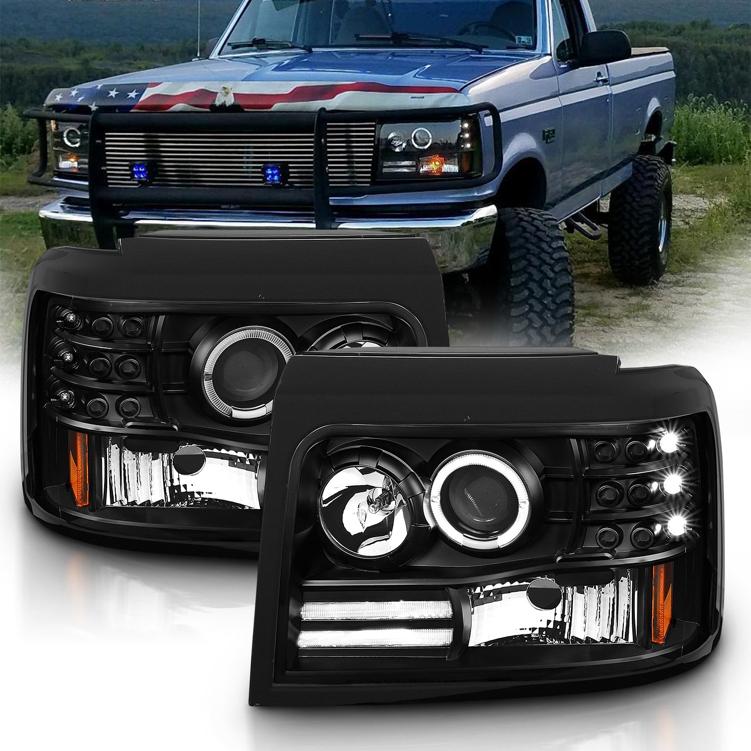 FORD F-150/F-250/BRONCO 92-96 PROJECTOR HALO HEADLIGHTS BLACK W/ SIDE MARKERS W/ PARKING LIGHTS
