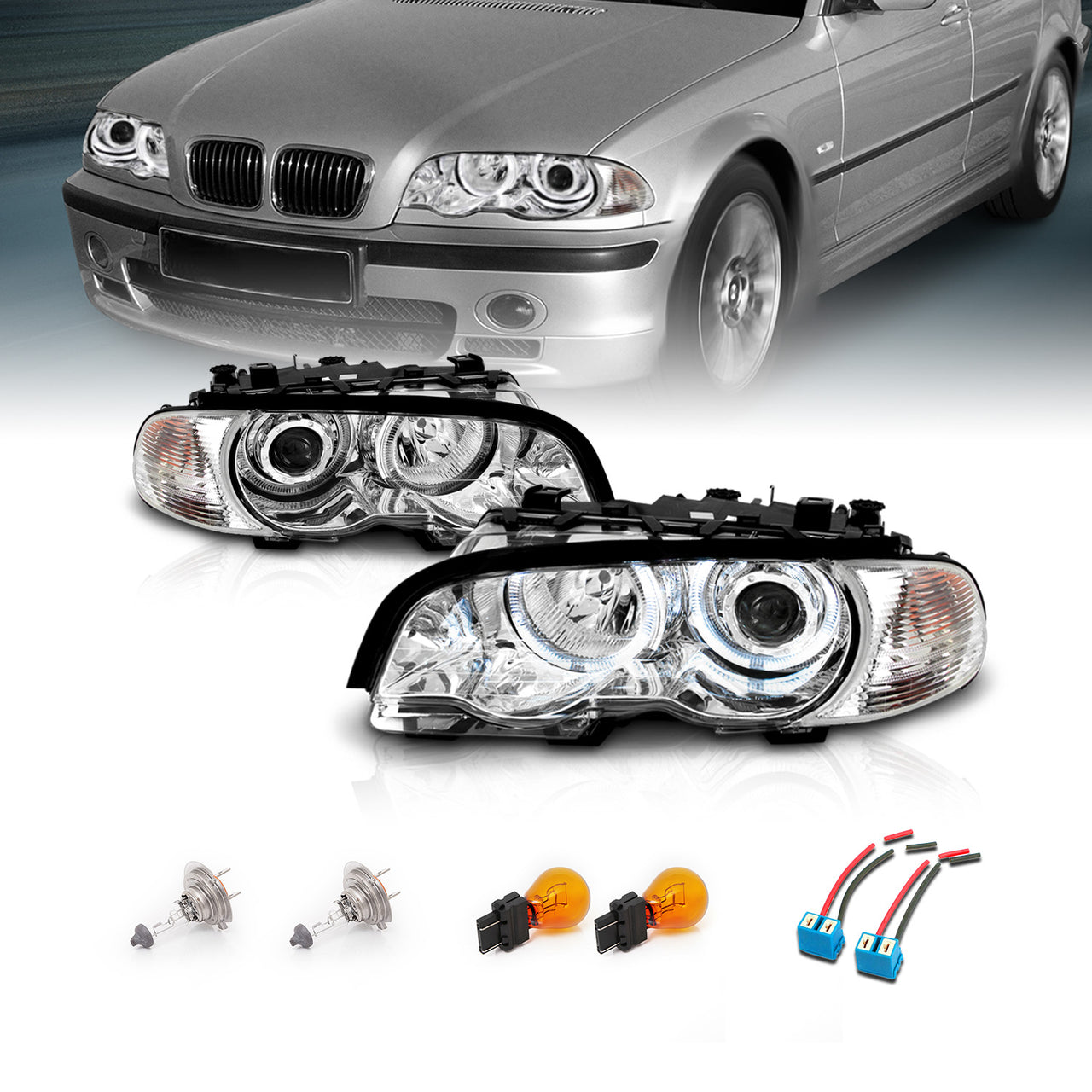 BMW 3 SERIES E46 (M3) 99-01 2DR PROJECTOR HEADLIGHTS W/ CORNER LIGHTS HALO CHROME CLEAR