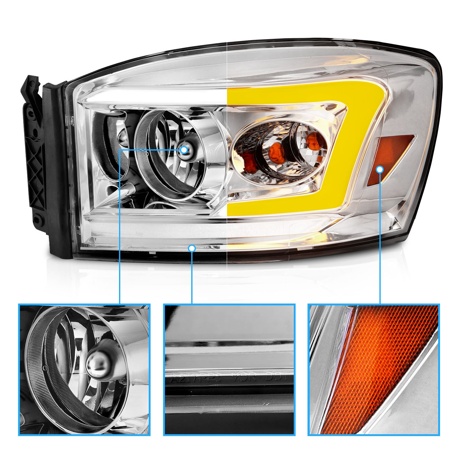 DODGE RAM 1500 06-08/ 2500/3500 06-09   SWITCHBACK HEADLIGHTS CHROME AMBER (W/ C LIGHT BAR)