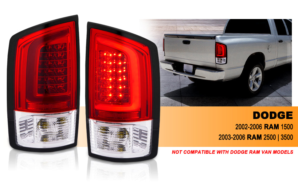 DODGE RAM 1500 02-05 / 2500/3500 02-06 LED TAIL LIGHTS RED/CLEAR LENS W/ C LIGHT BAR